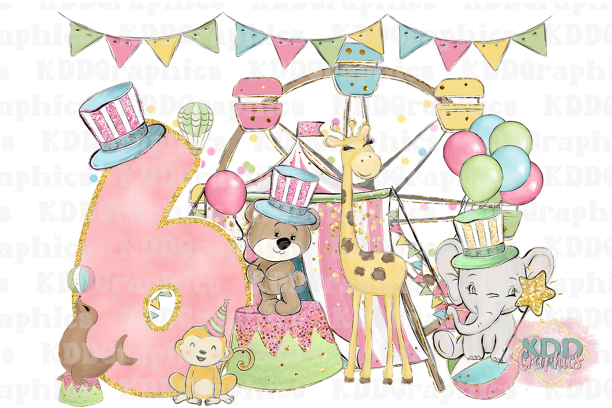 Pastel Girls Carnival Circus 6th Birthday Design PNG