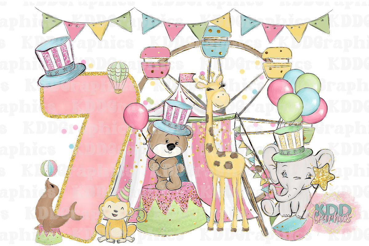 Pastel Girls Carnival Circus 7th Birthday Design PNG