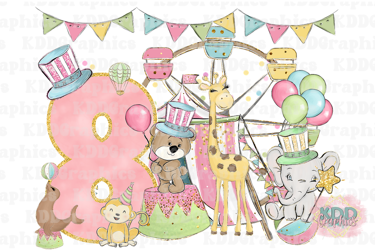 Pastel Girls Carnival Circus 8th Birthday Design PNG
