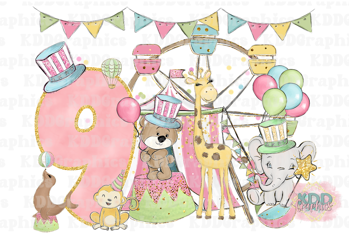 Pastel Girls Carnival Circus 9th Birthday Design PNG
