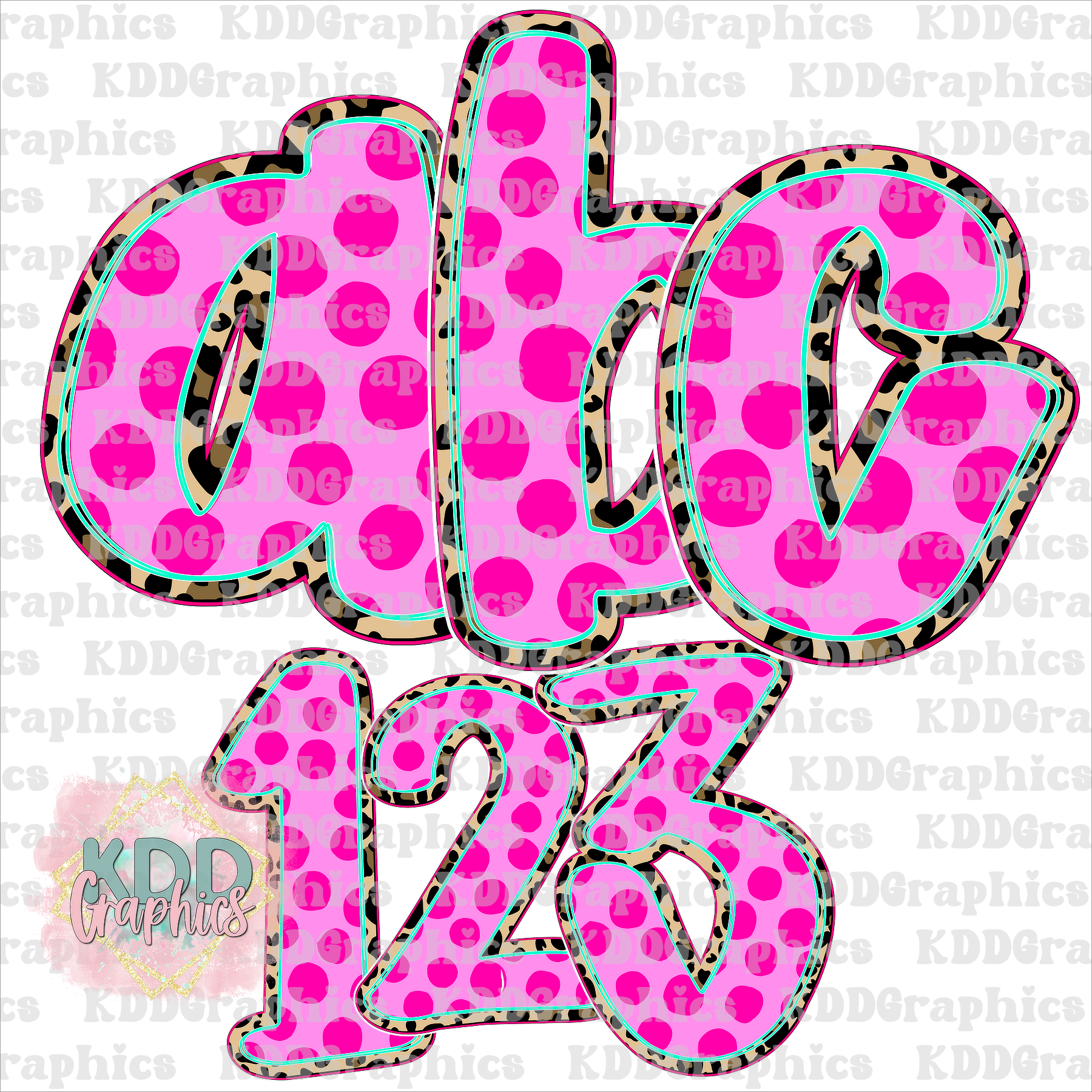 Pink Dots Cheetah Doodle Alpha Letters & Numbers PNG