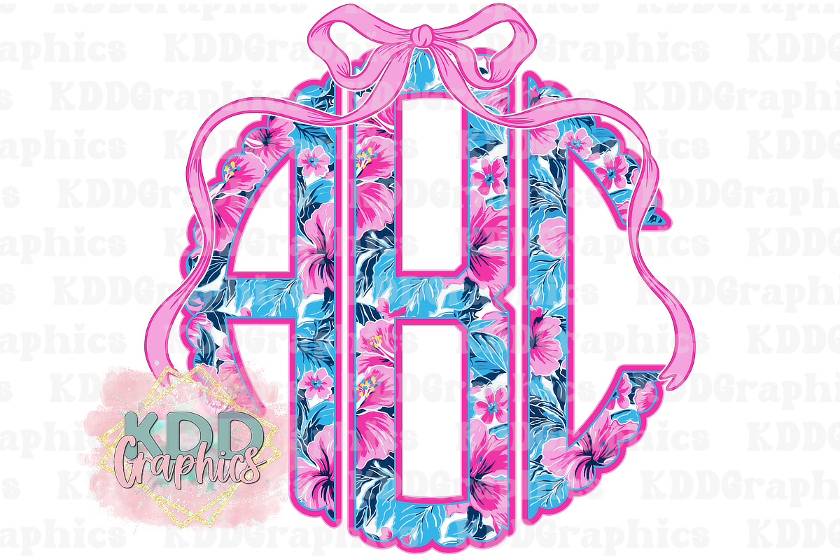 Pink Hibiscus Preppy Floral Coquette Bow Scalloped Circle Monogram
