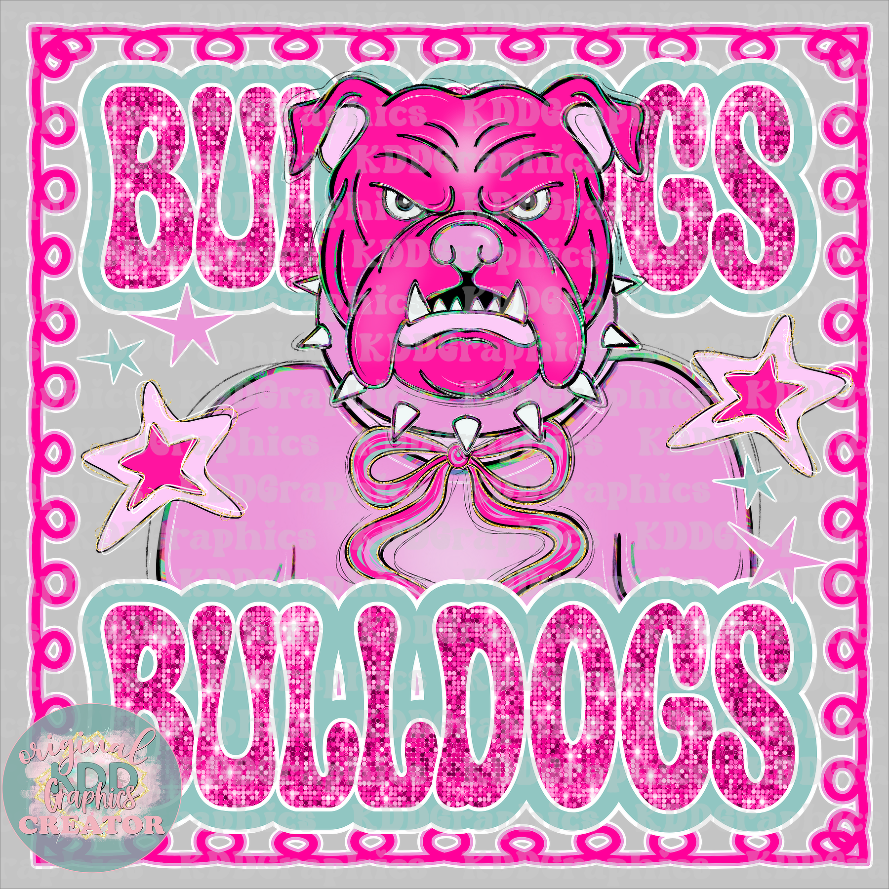Preppy Bulldog Mascot - Stars Glitter Frame - Bulldogs School Spirit PNG
