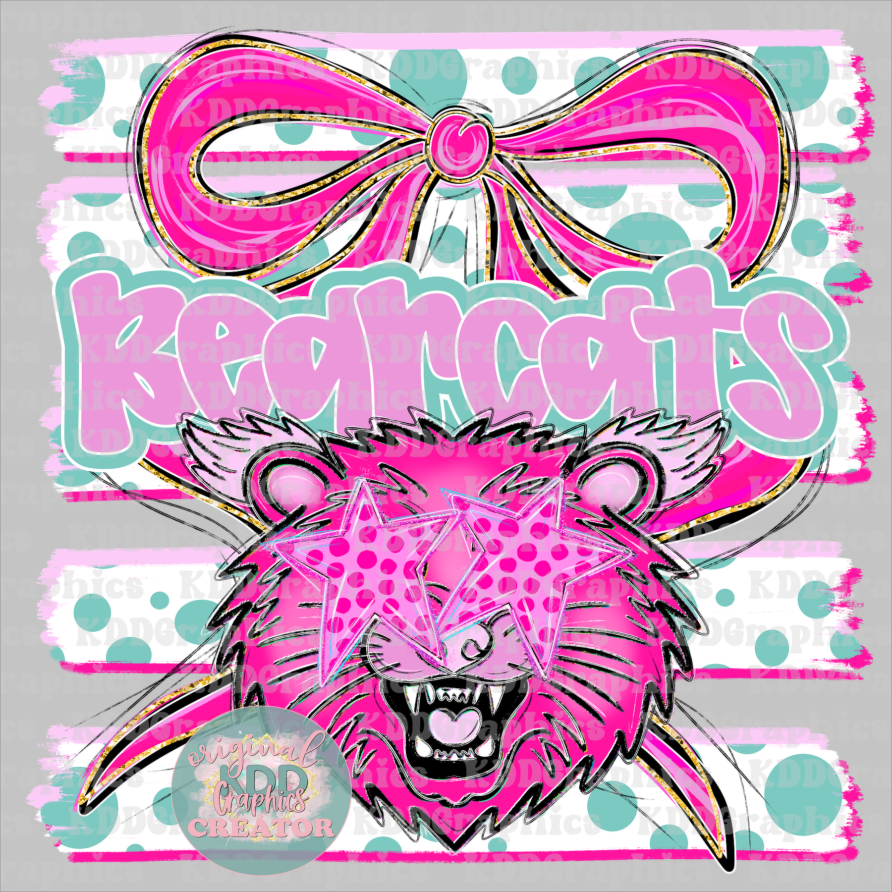 Preppy Coquette Bow Bearcats Mascot - Dots Brushstrokes - Bearcat School Spirit PNG