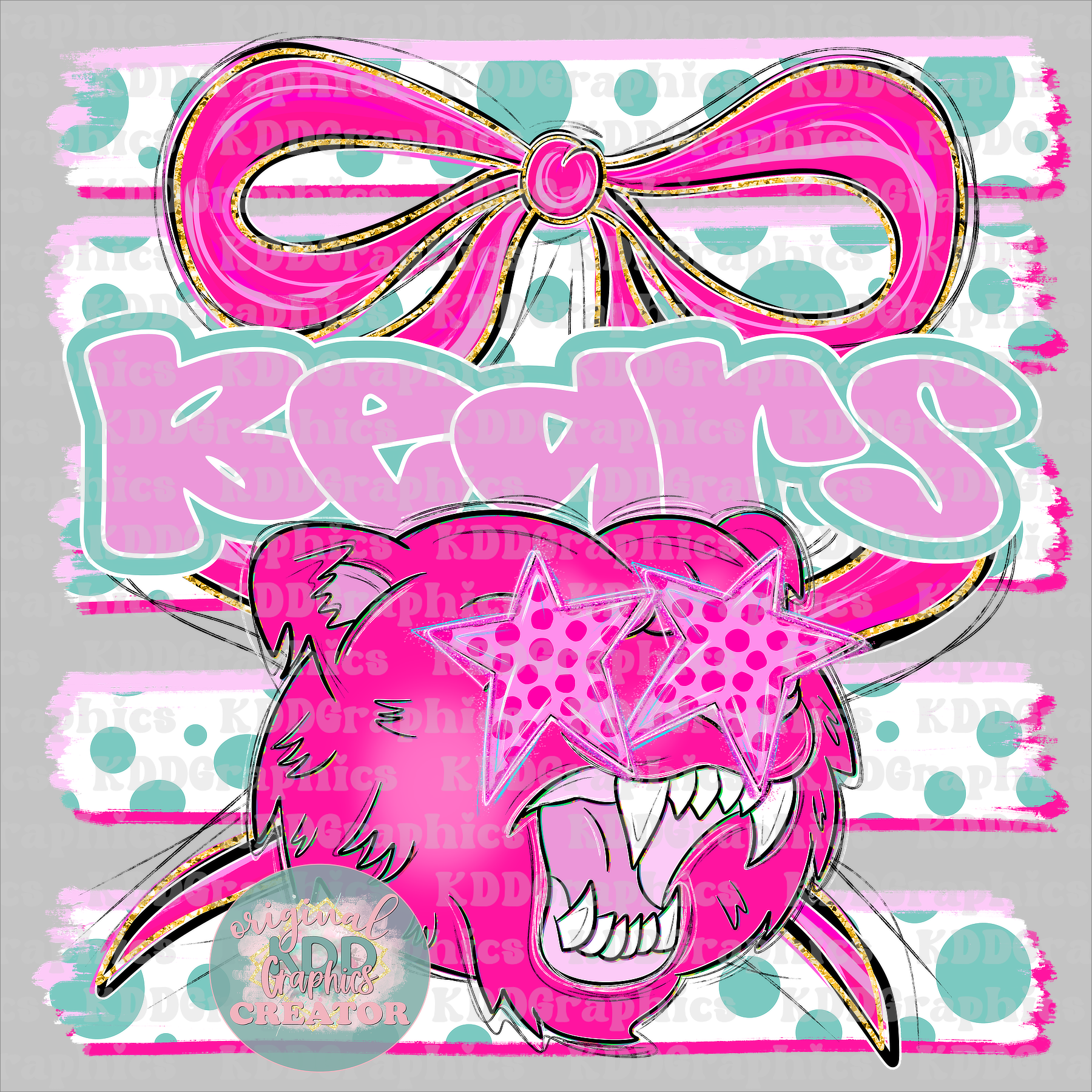 Preppy Coquette Bow Bears Mascot - Dots Brushstrokes - Bear School Spirit PNG