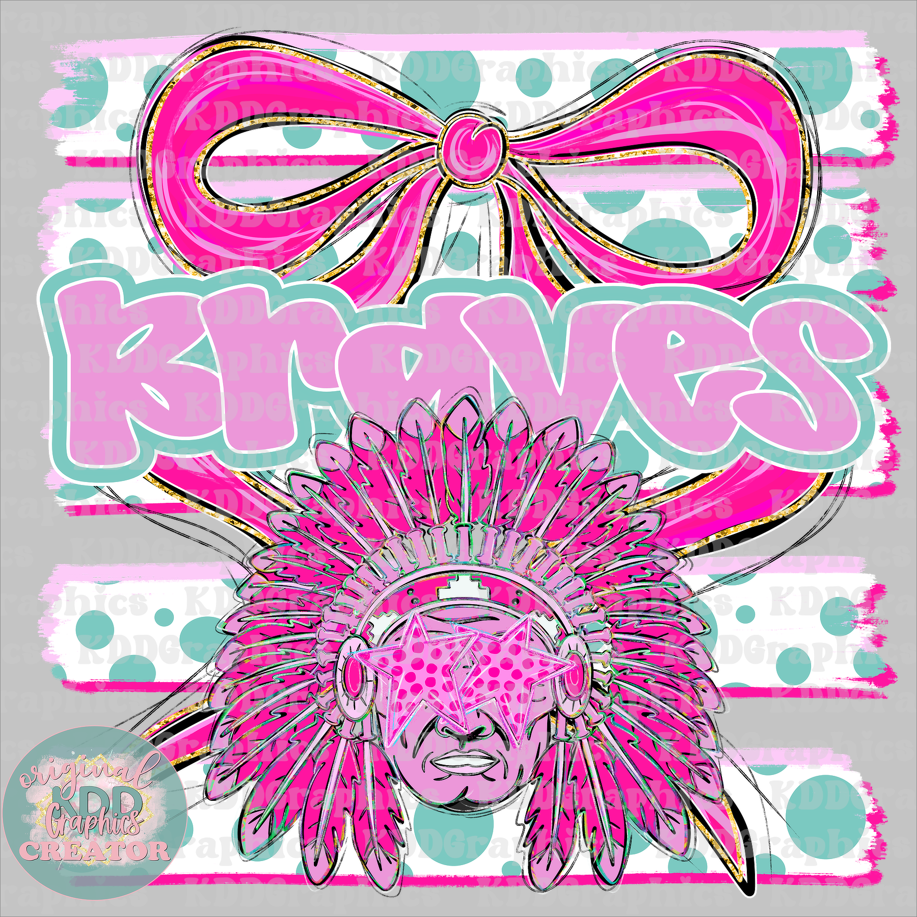 Preppy Coquette Bow Braves Mascot - Dots Brushstrokes - Braves School Spirit PNG