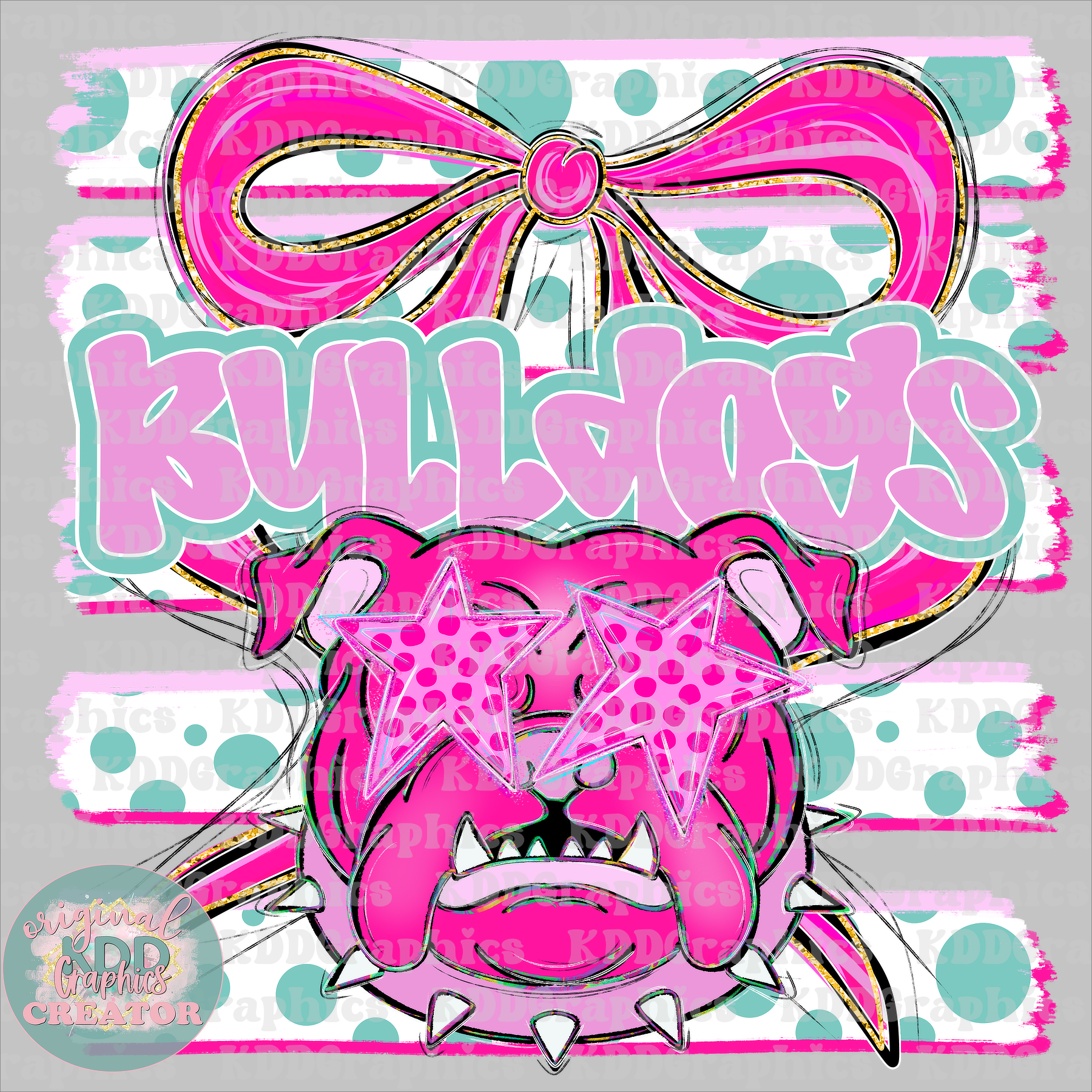 Preppy Coquette Bow Bulldogs Mascot - Dots Brushstrokes - Bulldog School Spirit PNG