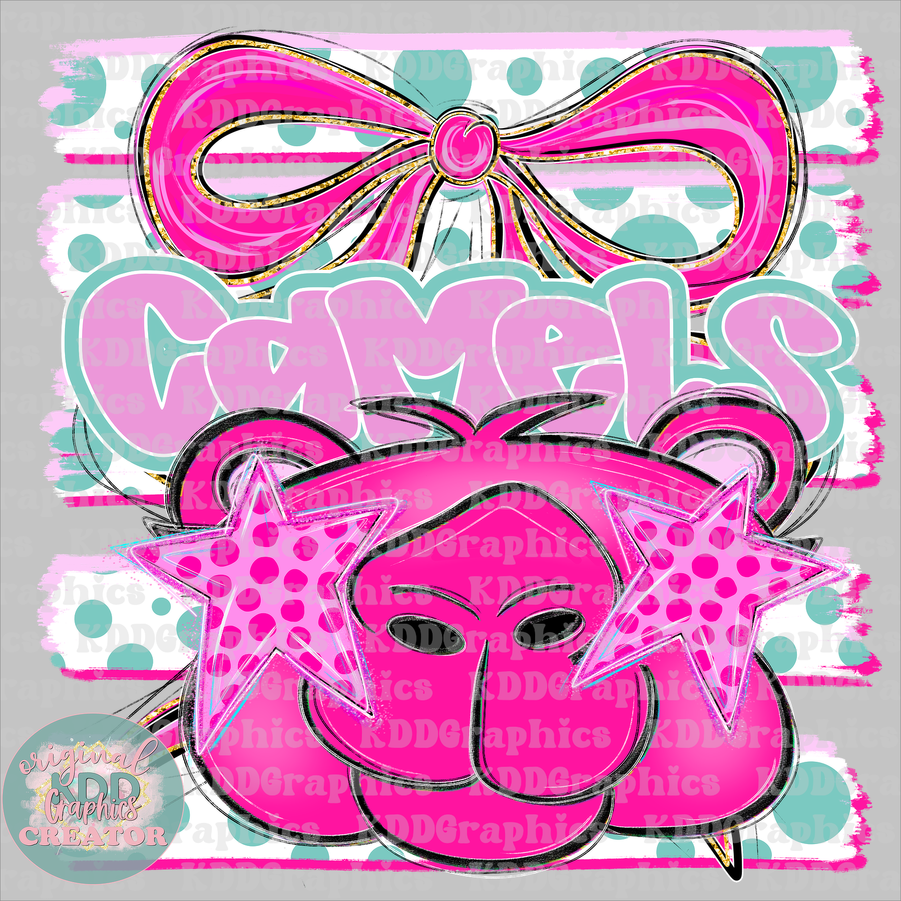 Preppy Coquette Bow Camels Mascot - Dots Brushstrokes - Camel School Spirit PNG
