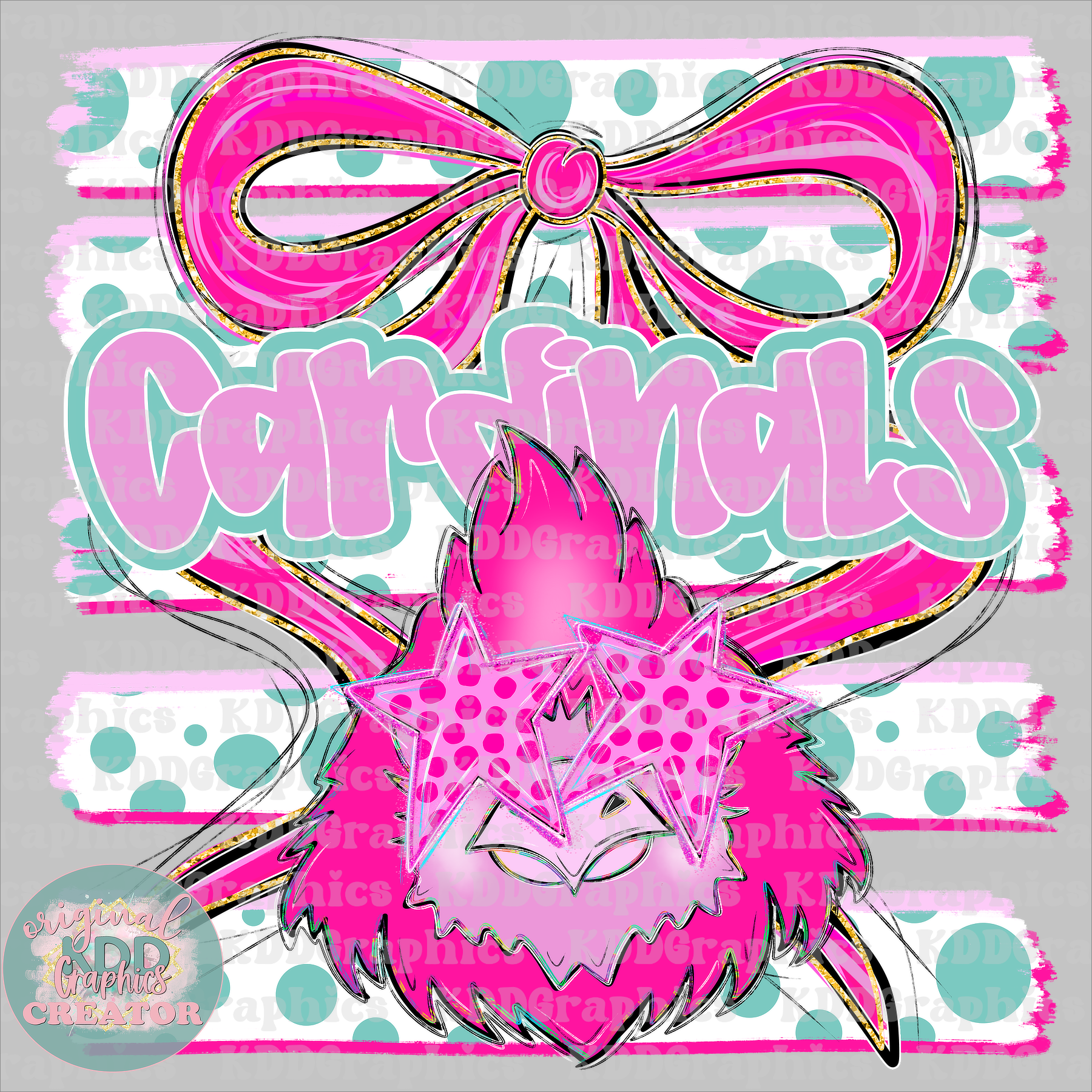 Preppy Coquette Bow Cardinals Mascot - Dots Brushstrokes - Cardinal School Spirit PNG