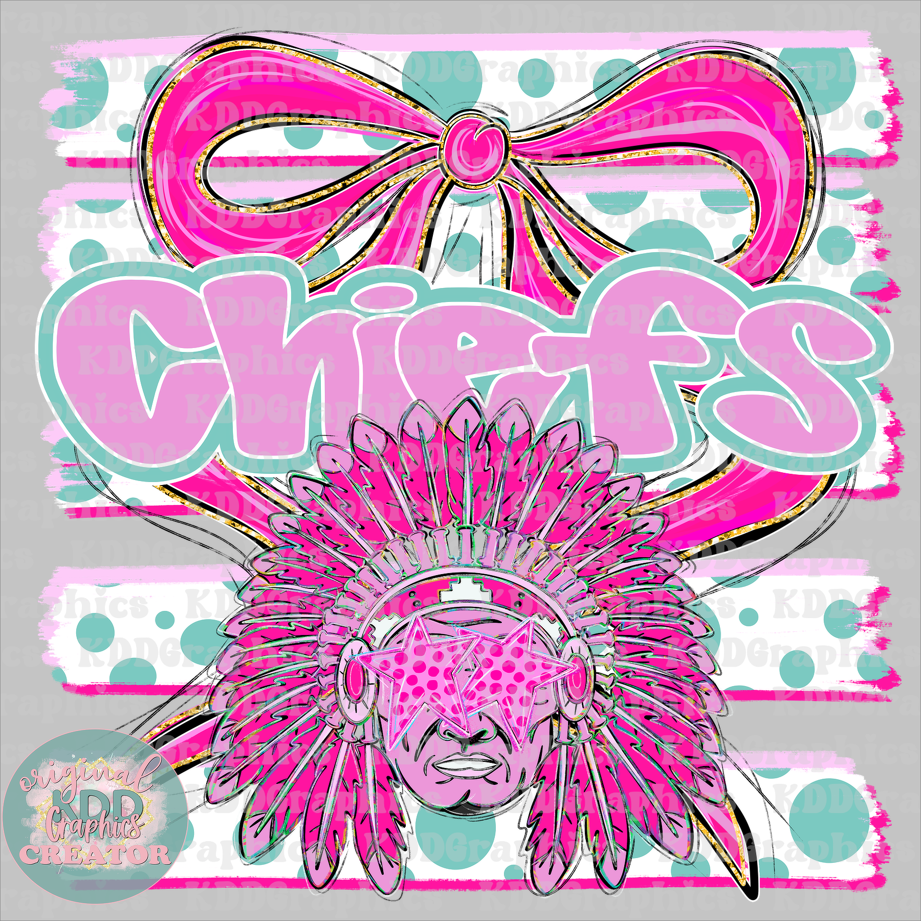 Preppy Coquette Bow Chiefs Mascot - Dots Brushstrokes - Chief School Spirit PNG