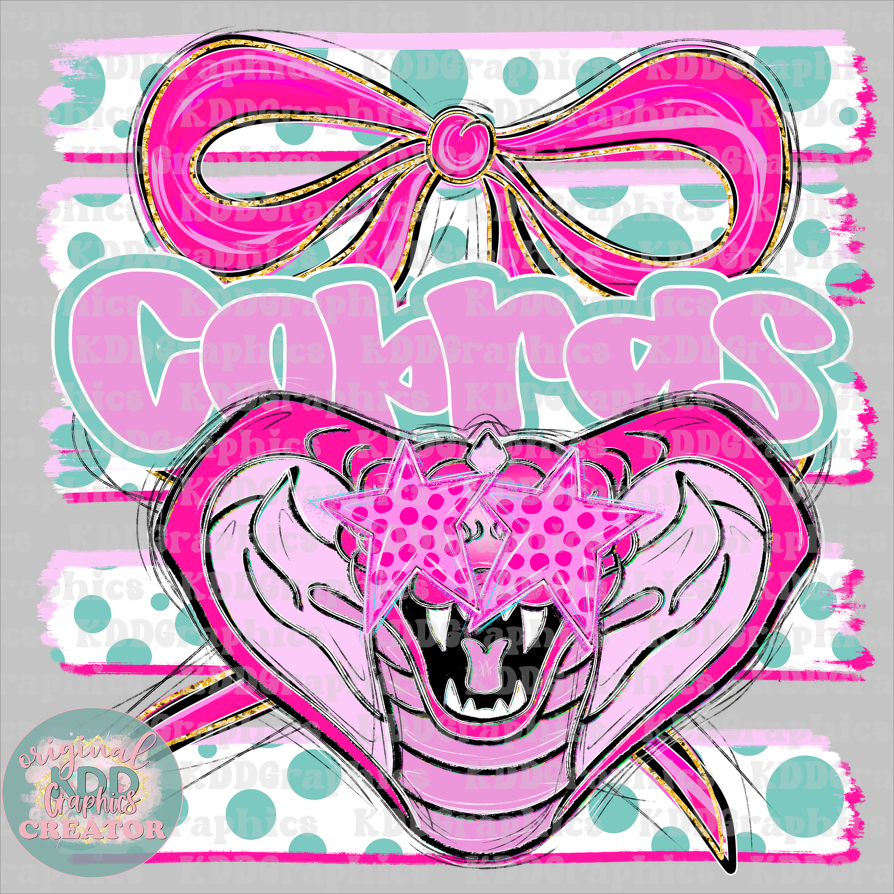 Preppy Coquette Bow Cobras Mascot - Dots Brushstrokes - Cobra School Spirit PNG