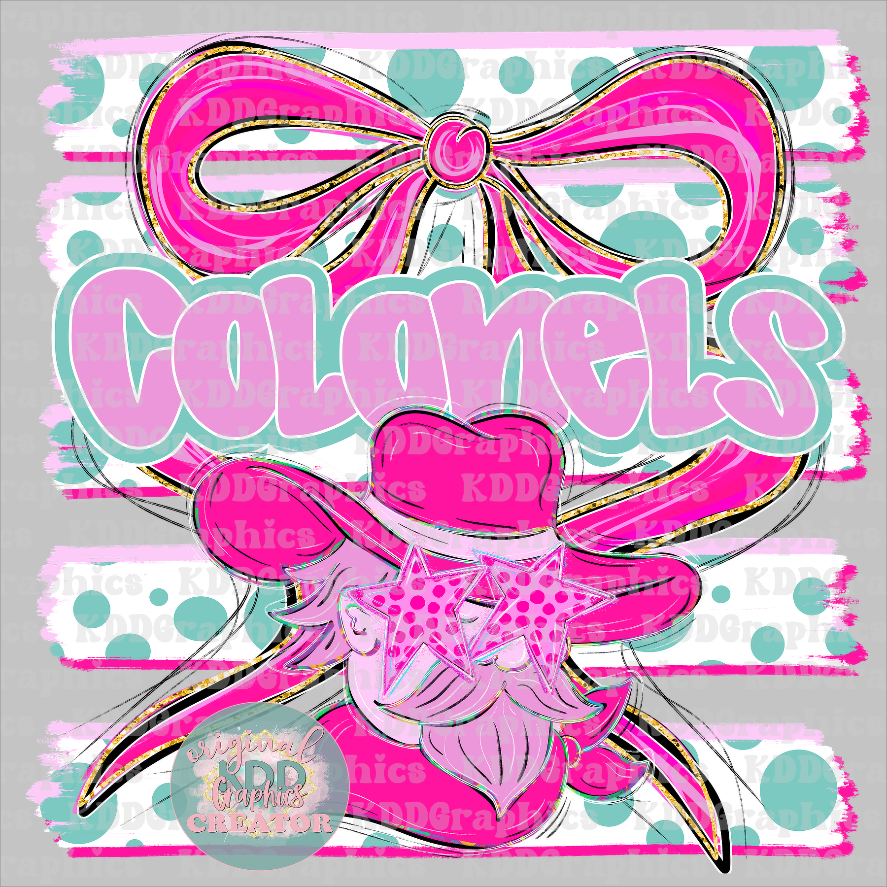 Preppy Coquette Bow Colonels Mascot - Dots Brushstrokes - Colonels School Spirit PNG