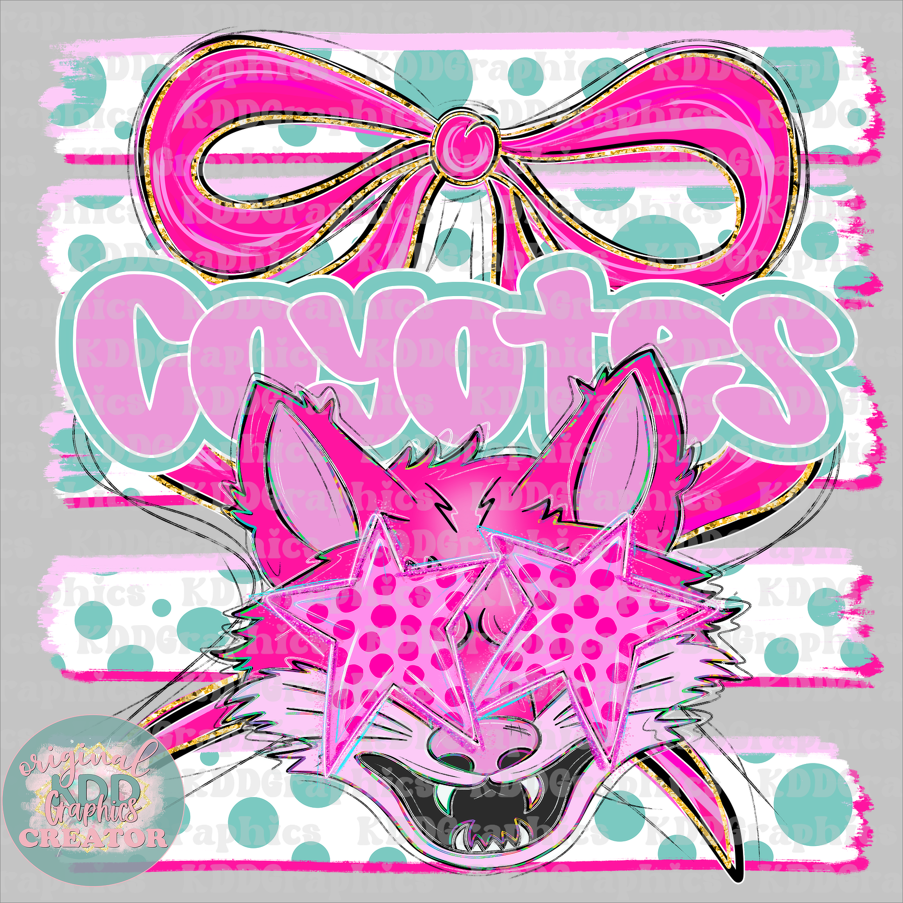Preppy Coquette Bow Coyotes Mascot - Dots Brushstrokes - Coyote School Spirit PNG