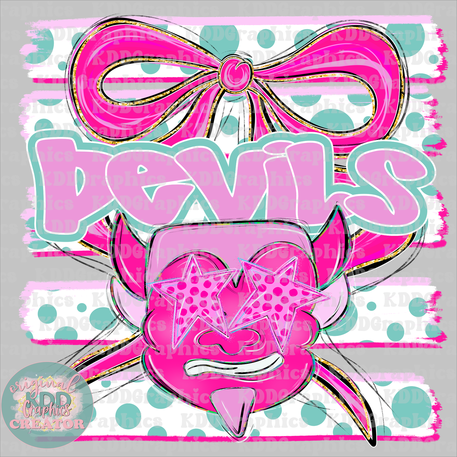 Preppy Coquette Bow Devils Mascot - Dots Brushstrokes - Devil School Spirit PNG