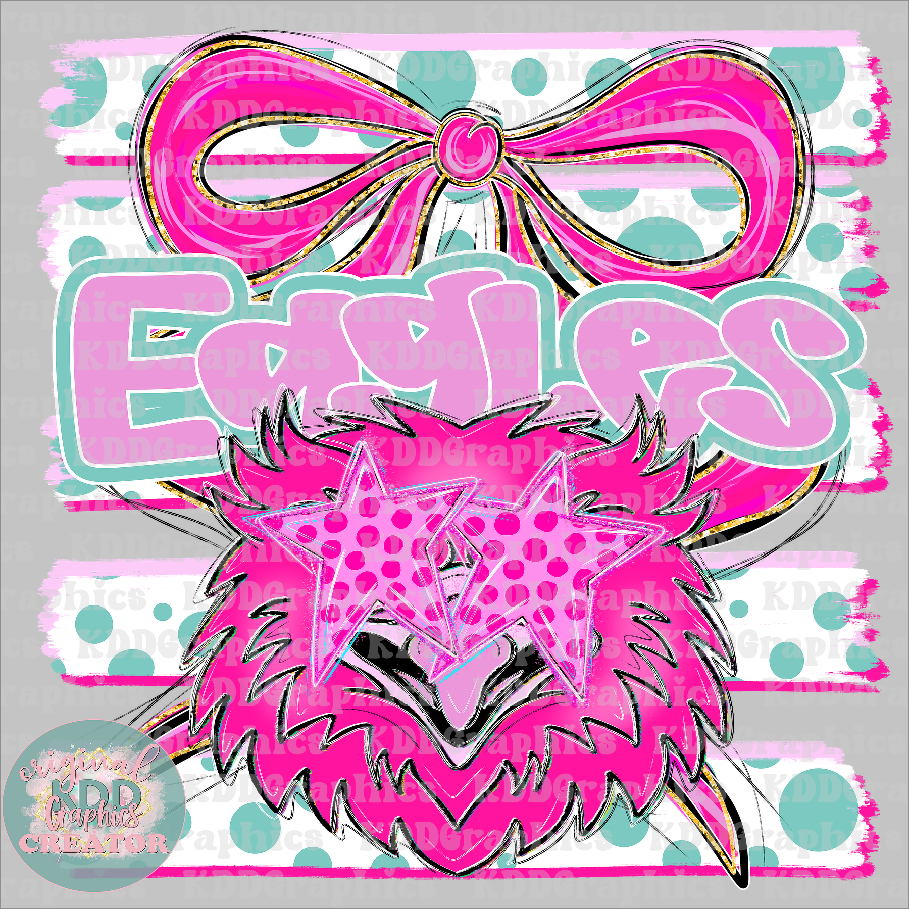 Preppy Coquette Bow Eagles Mascot - Dots Brushstrokes - Eagle School Spirit PNG
