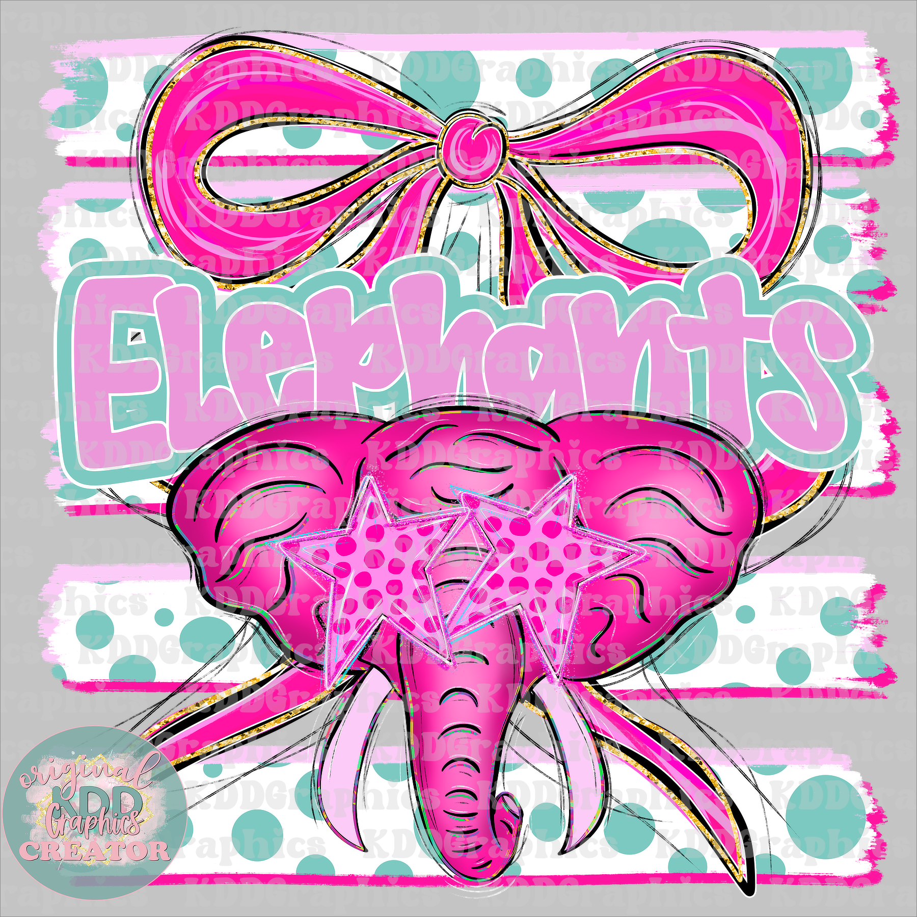 Preppy Coquette Bow Elephants Mascot - Dots Brushstrokes - Elephant School Spirit PNG