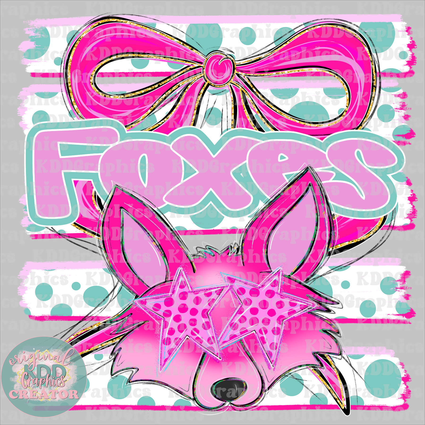 Preppy Coquette Bow Foxes Mascot - Dots Brushstrokes - Fox School Spirit PNG