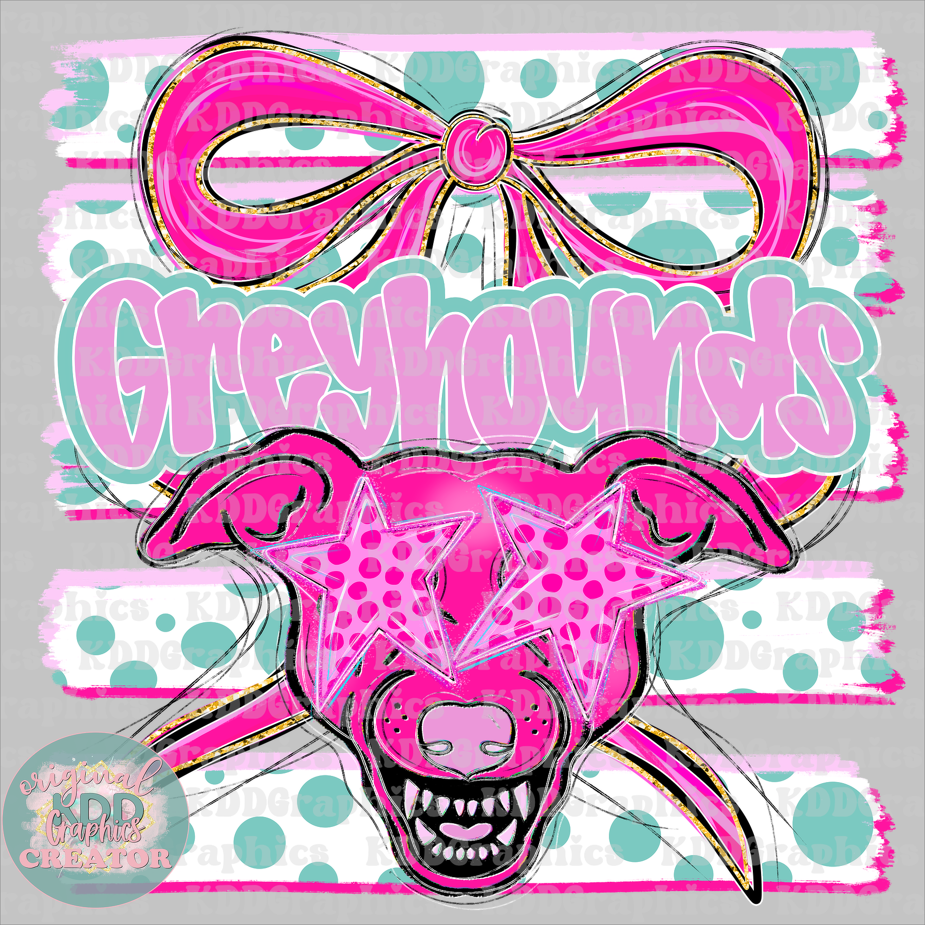 Preppy Coquette Bow Greyhounds Mascot - Dots Brushstrokes - Greyhound School Spirit PNG