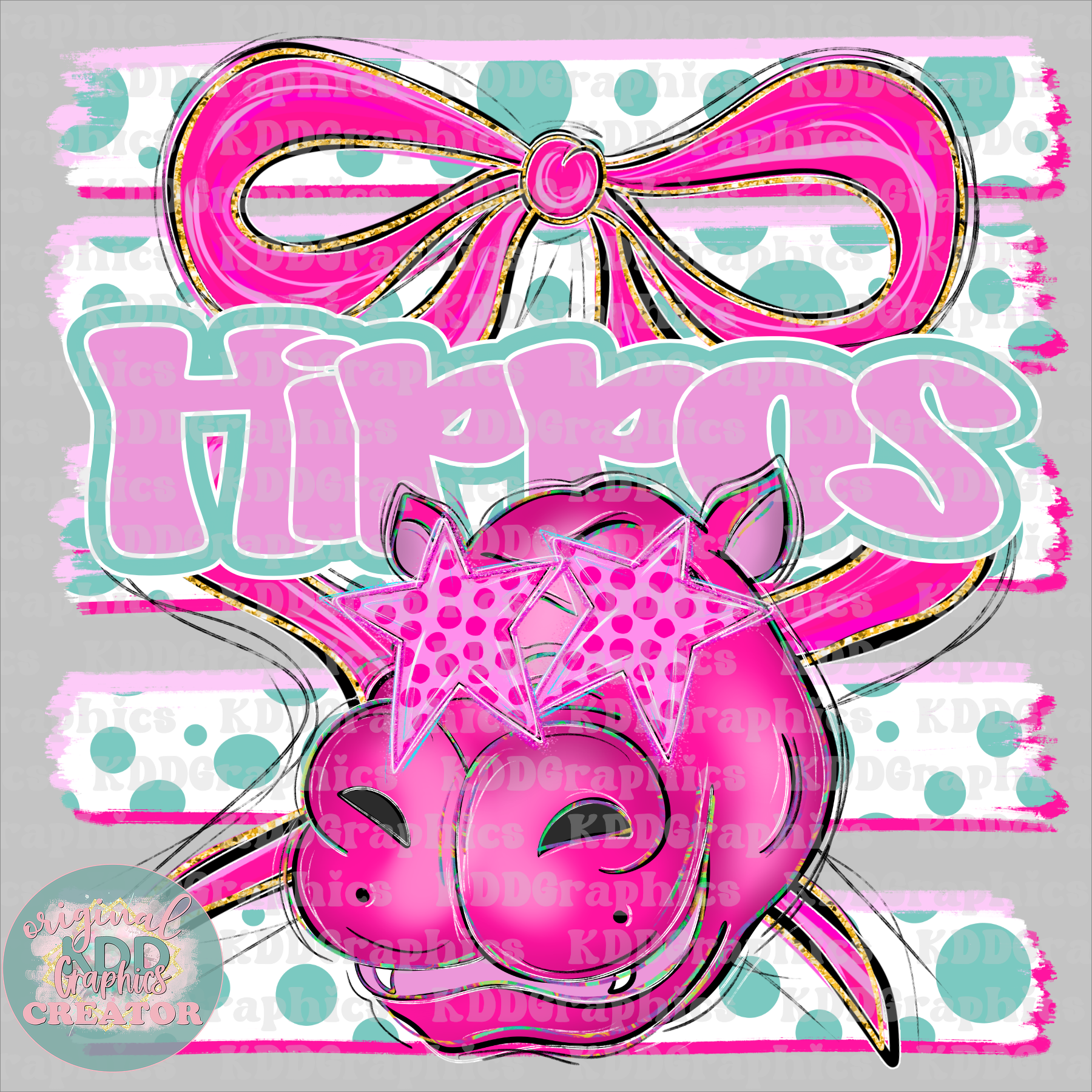 Preppy Coquette Bow Hippos Mascot - Dots Brushstrokes - Hippo School Spirit PNG