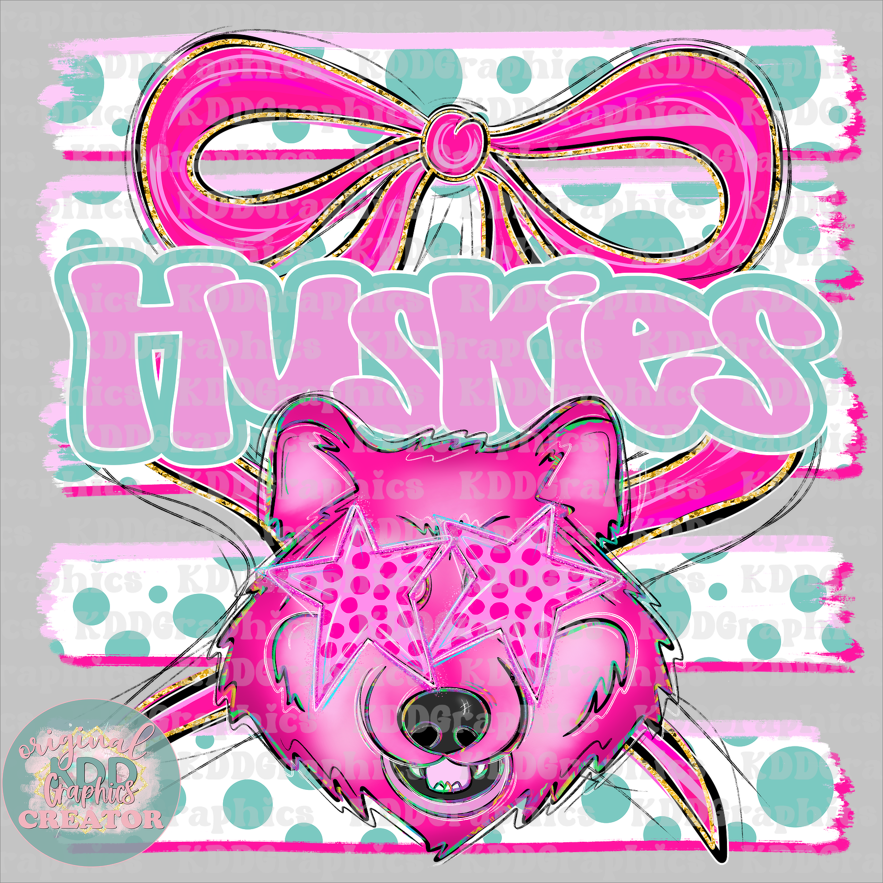 Preppy Coquette Bow Huskies Mascot - Dots Brushstrokes - Husky School Spirit PNG