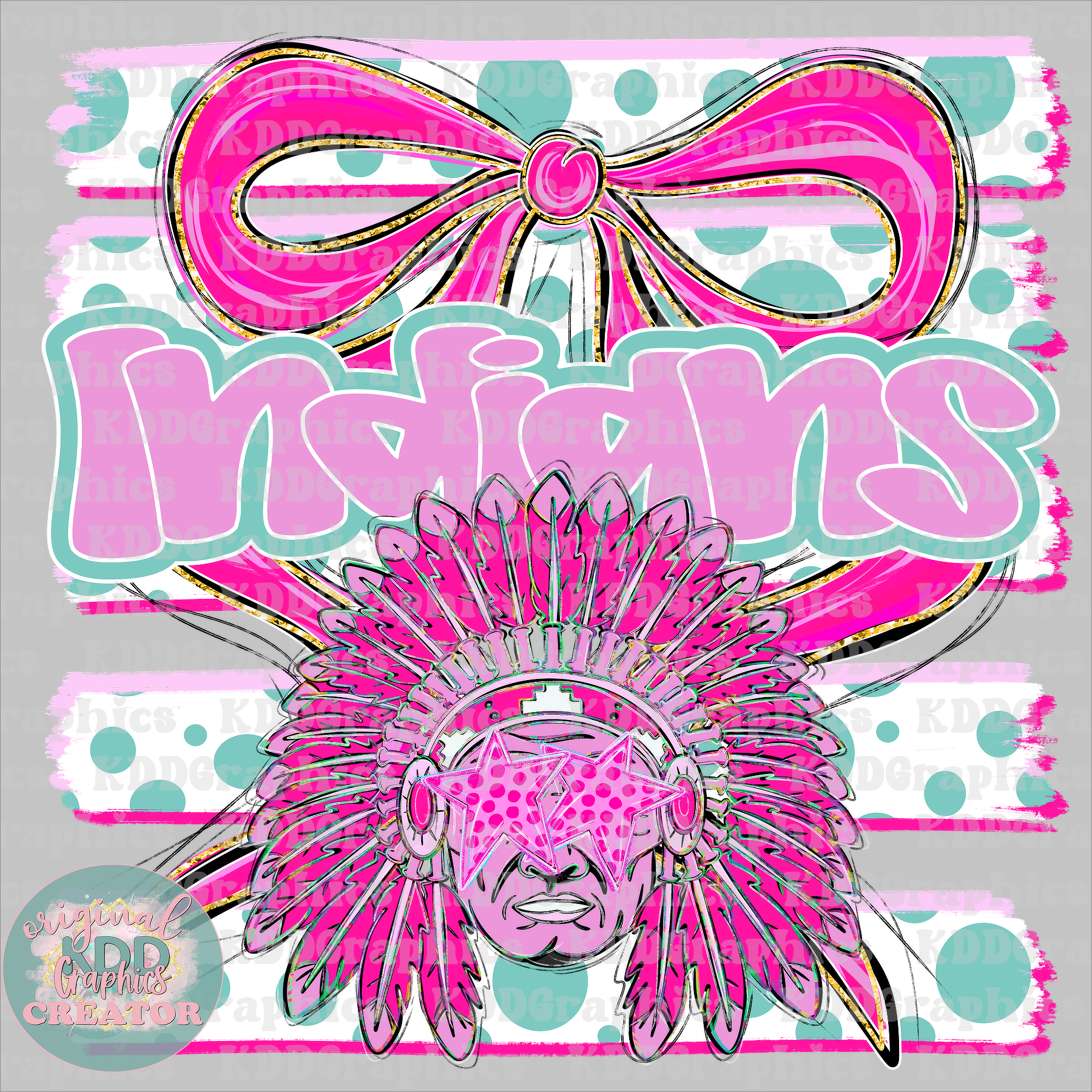 Preppy Coquette Bow Indians Mascot - Dots Brushstrokes - Indian School Spirit PNG