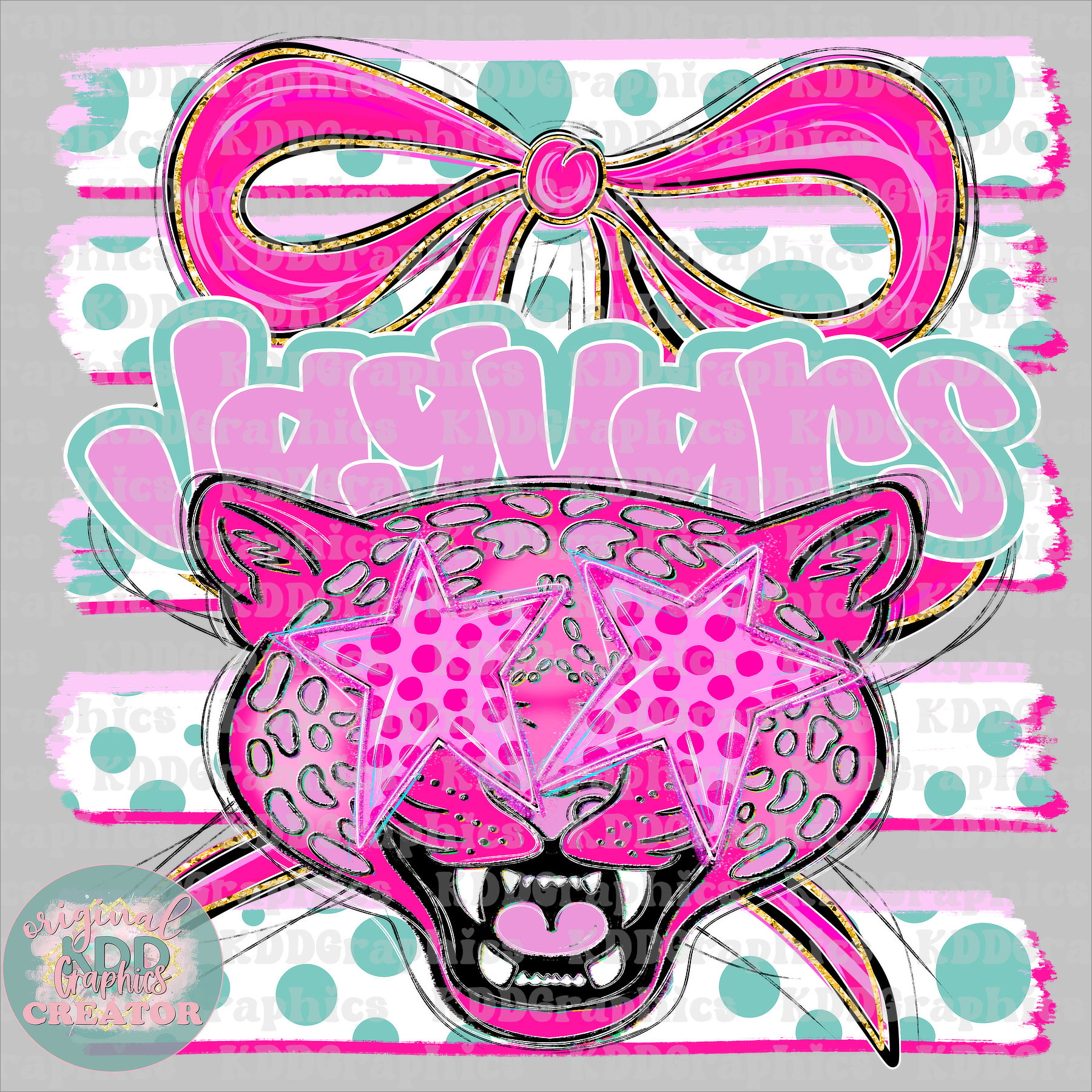 Preppy Coquette Bow Jaguars Mascot - Dots Brushstrokes - Jaguar School Spirit PNG