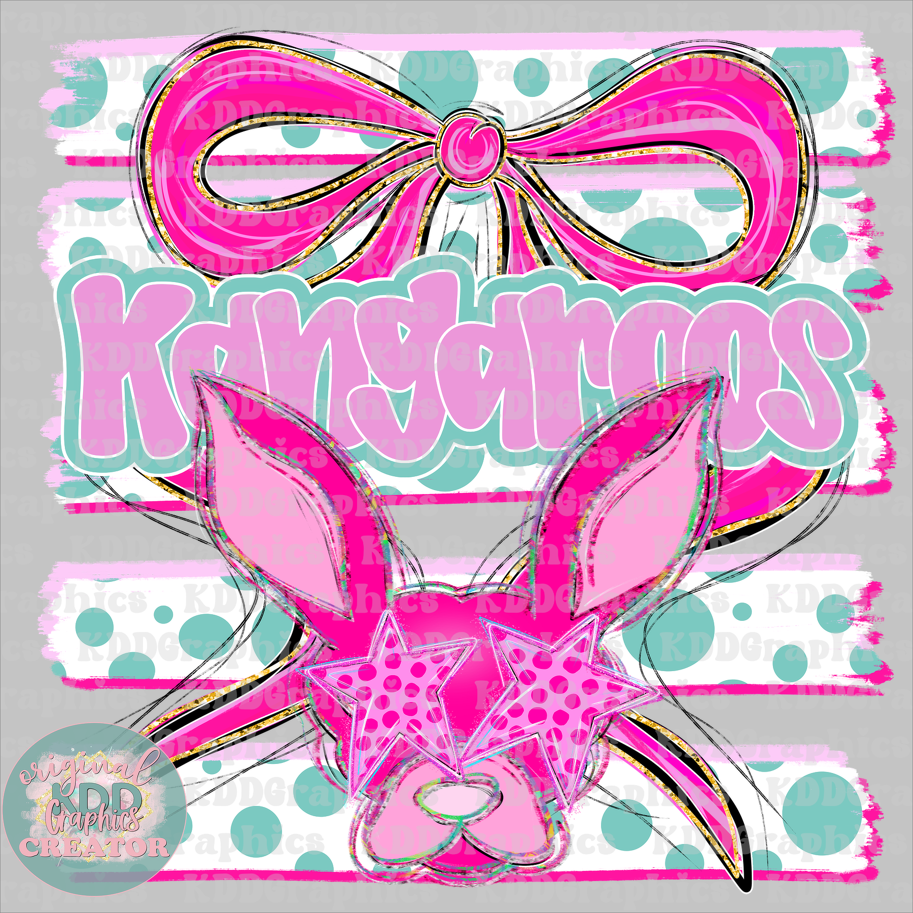 Preppy Coquette Bow Kangaroos Mascot - Dots Brushstrokes - Kangaroo School Spirit PNG