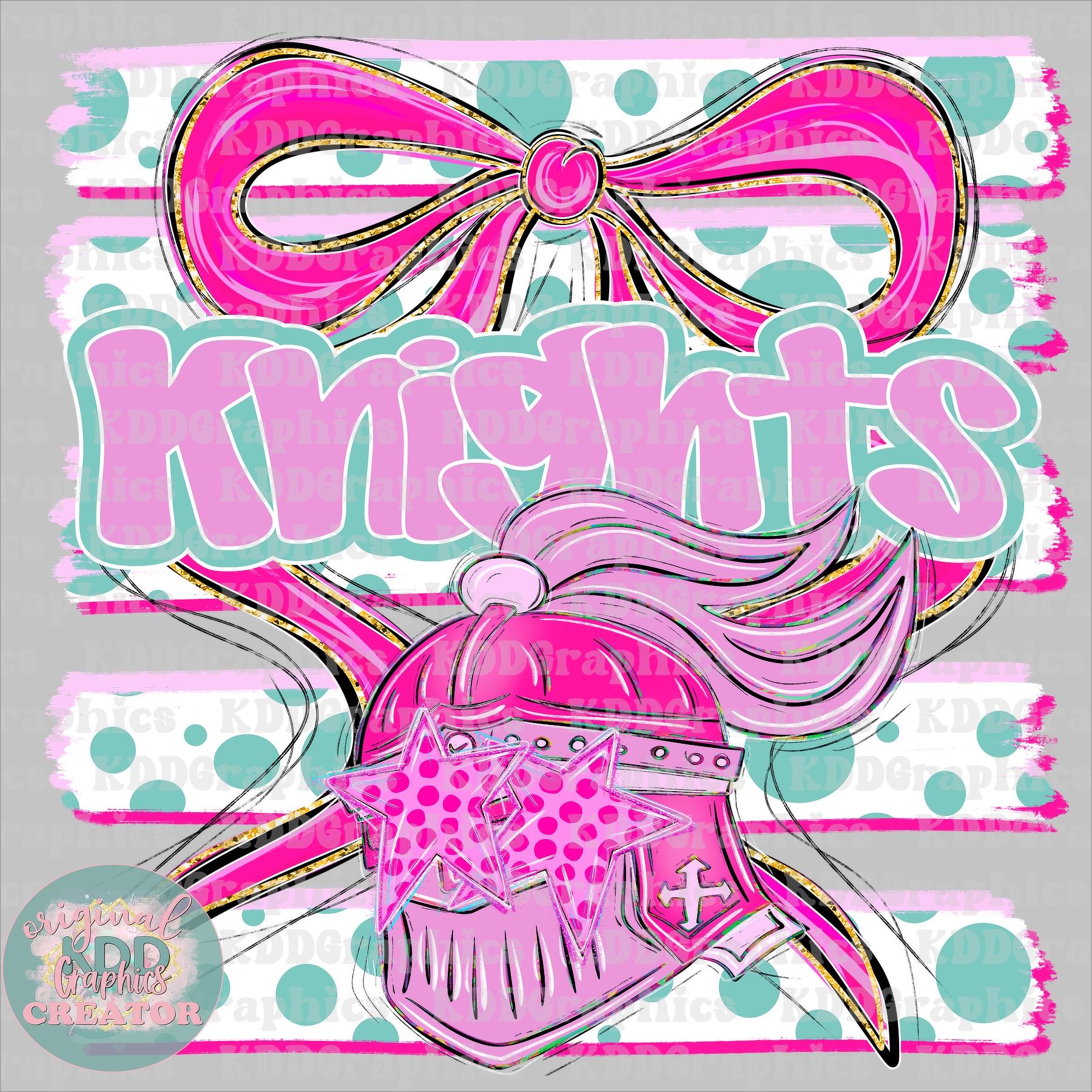 Preppy Coquette Bow Knights Mascot - Dots Brushstrokes - Knight School Spirit PNG