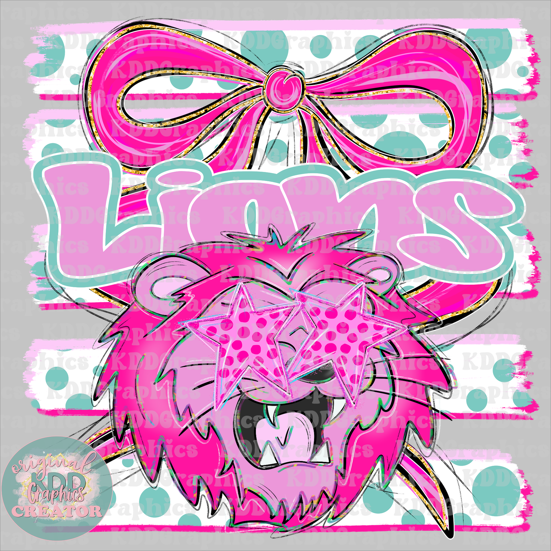 Preppy Coquette Bow Lions Mascot - Dots Brushstrokes - Lion School Spirit PNG