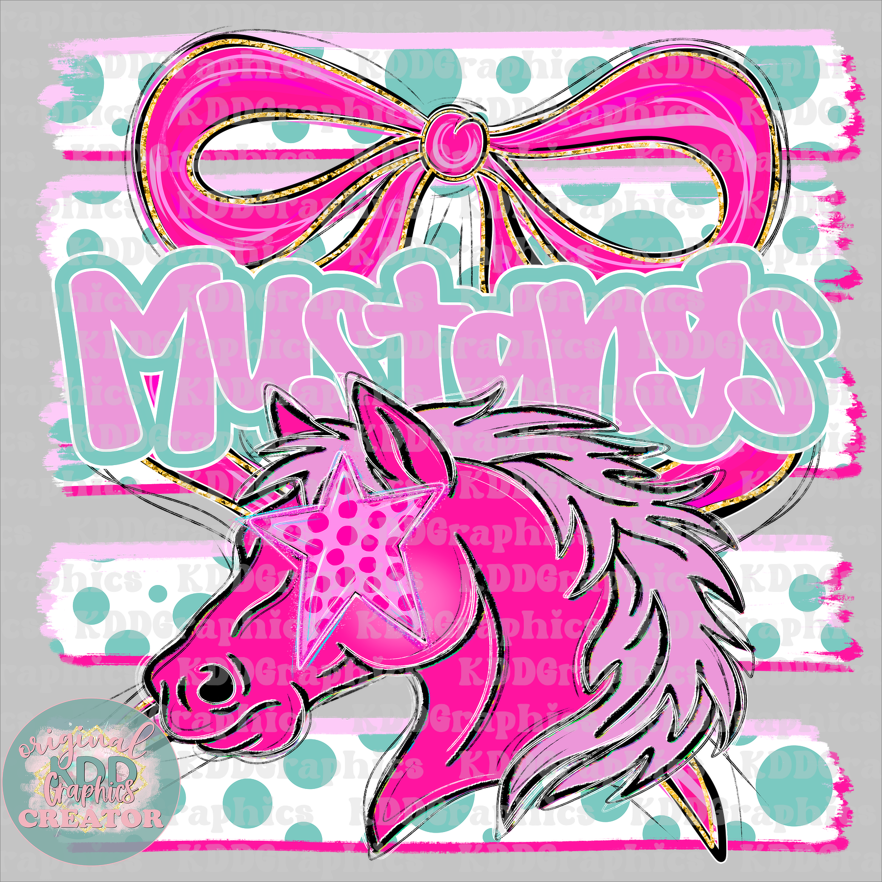 Preppy Coquette Bow Mustangs Mascot - Dots Brushstrokes - Mustang School Spirit PNG