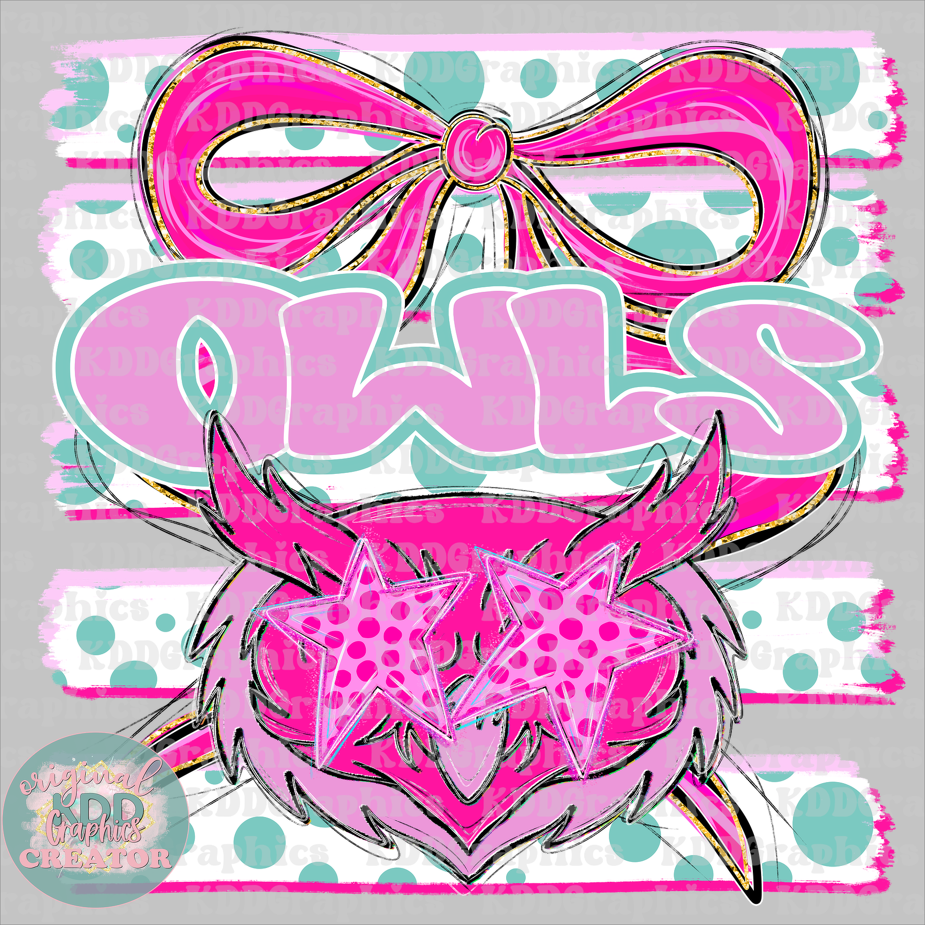 Preppy Coquette Bow Owls Mascot - Dots Brushstrokes - Owl School Spirit PNG