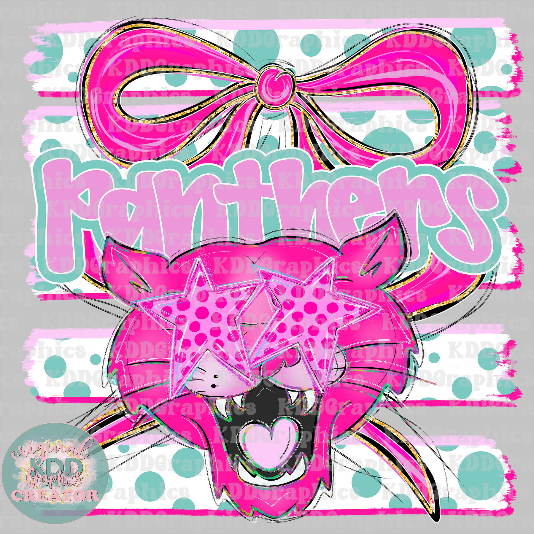 Preppy Coquette Bow Panthers Mascot - Dots Brushstrokes - Panther School Spirit PNG