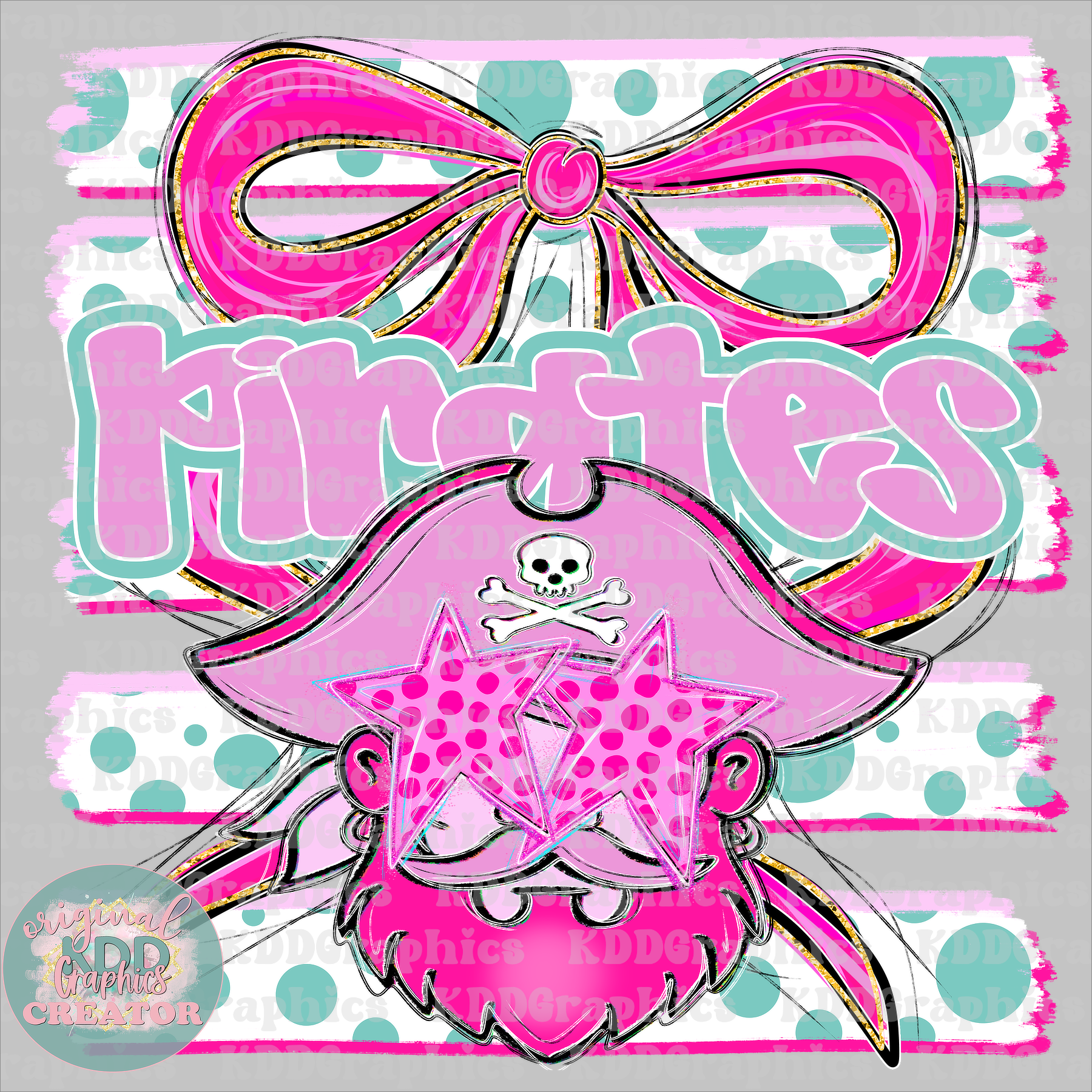 Preppy Coquette Bow Pirates Mascot - Dots Brushstrokes - Pirate School Spirit PNG