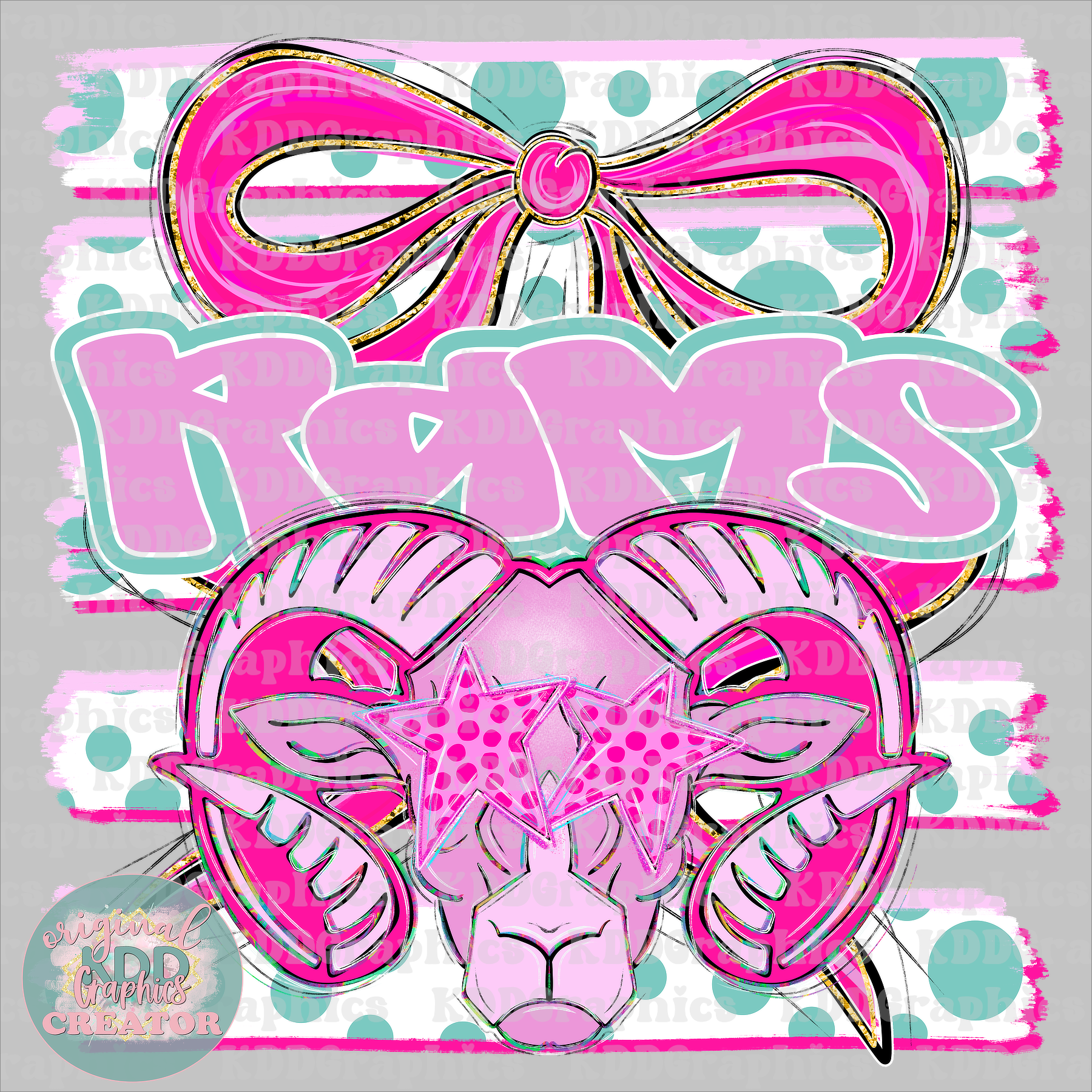 Preppy Coquette Bow Rams Mascot - Dots Brushstrokes - Ram School Spirit PNG
