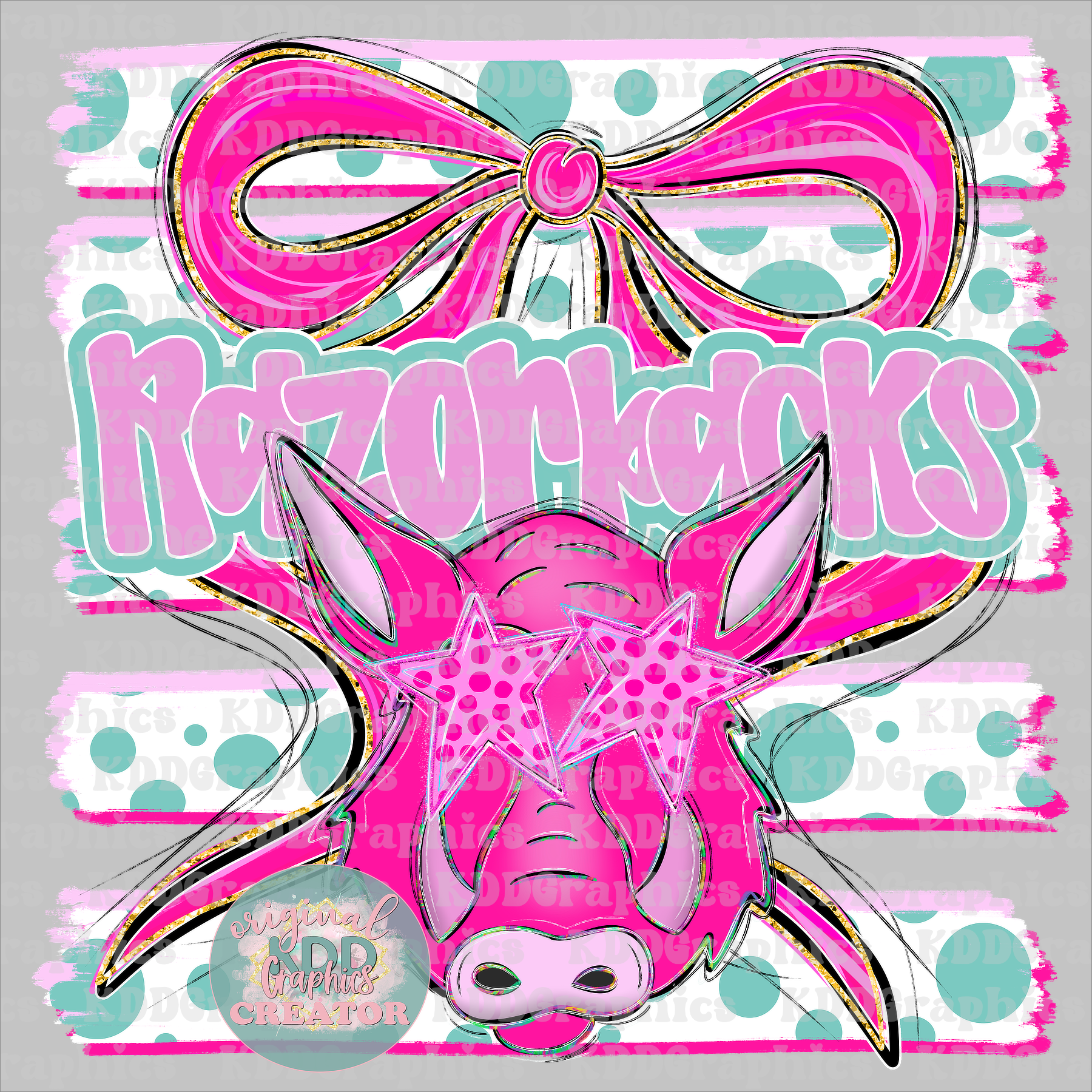 Preppy Coquette Bow Razorbacks Mascot - Dots Brushstrokes - Razorback School Spirit PNG