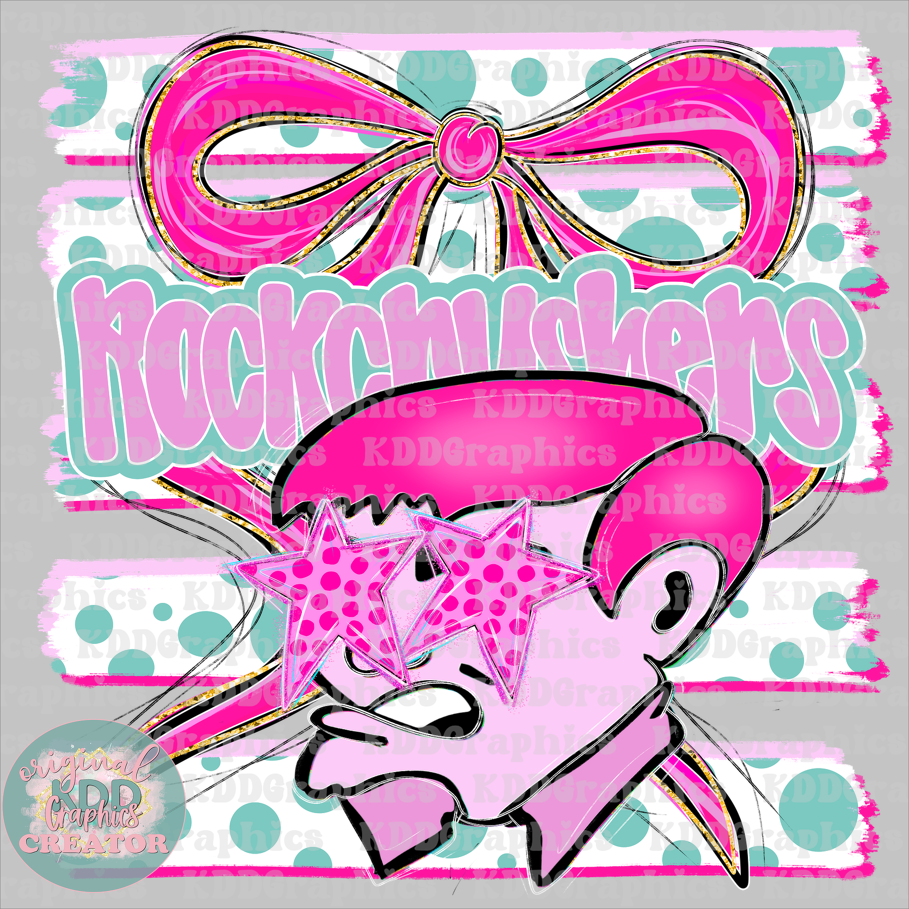 Preppy Coquette Bow Rockcrushers Mascot - Dots Brushstrokes - Rockcrusher School Spirit PNG