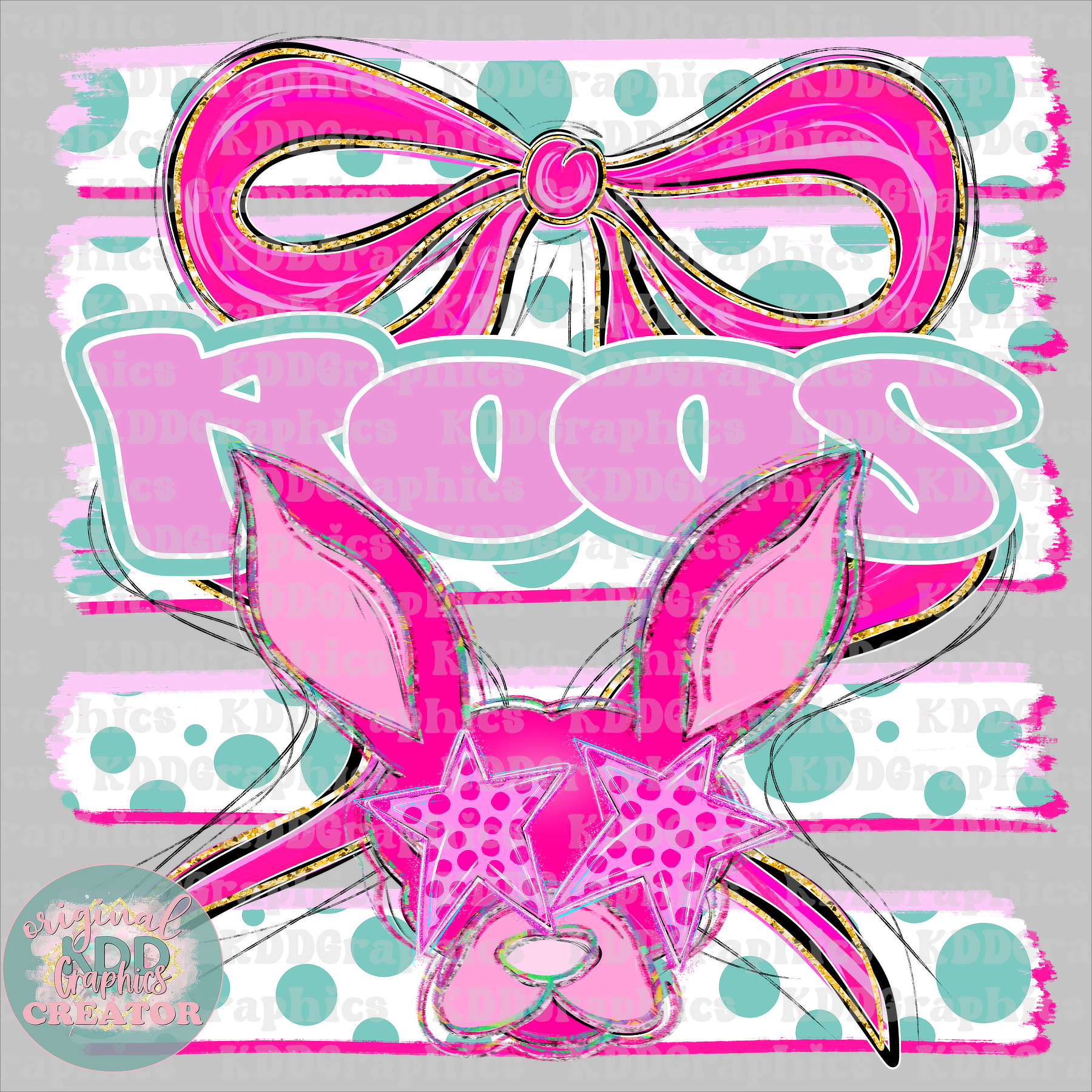 Preppy Coquette Bow Roos Mascot - Dots Brushstrokes - Roo Kangaroo School Spirit PNG