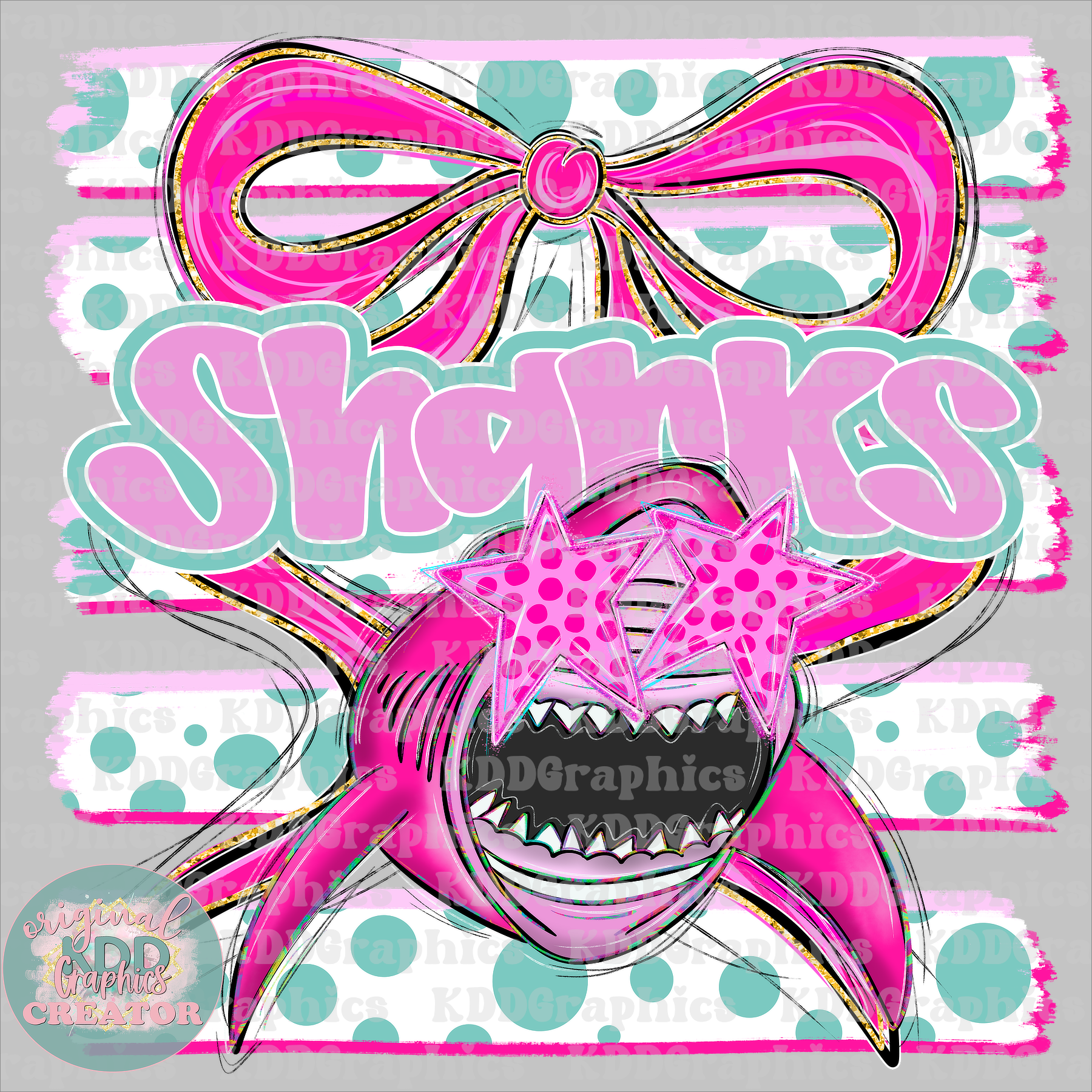 Preppy Coquette Bow Sharks Mascot - Dots Brushstrokes - Shark School Spirit PNG