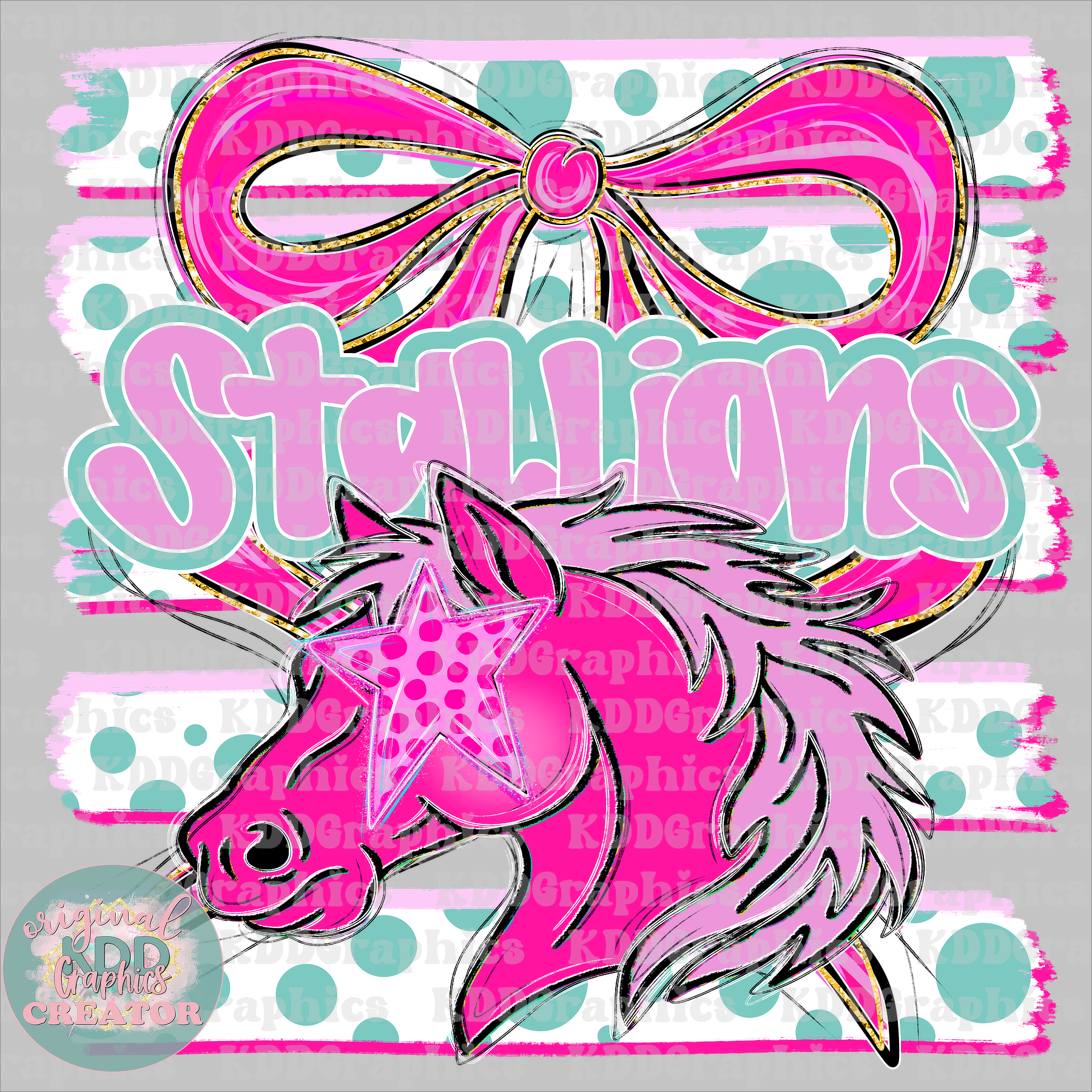 Preppy Coquette Bow Stallions Mascot - Dots Brushstrokes - Stallion School Spirit PNG