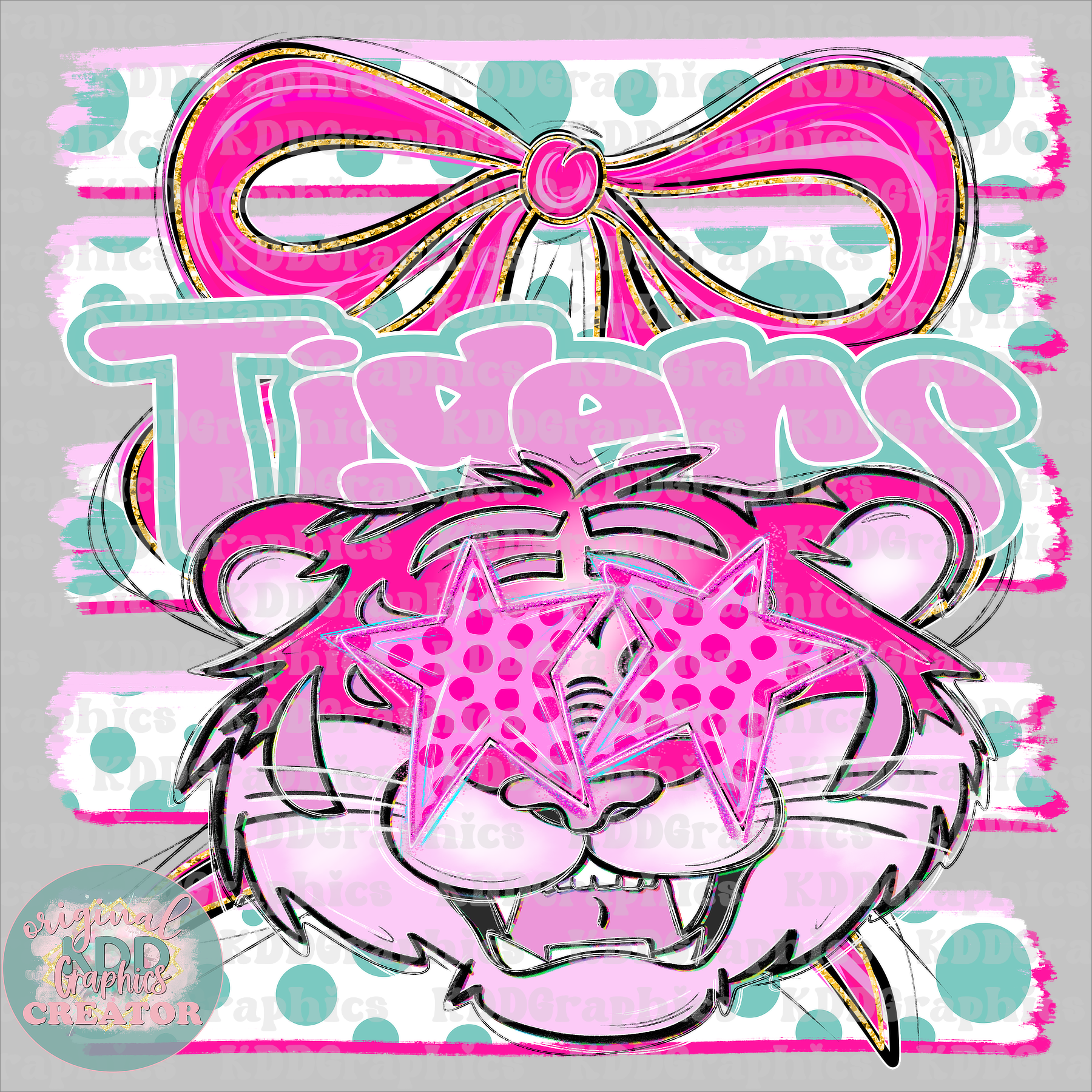 Preppy Coquette Bow Tigers Mascot - Dots Brushstrokes - Tiger School Spirit PNG