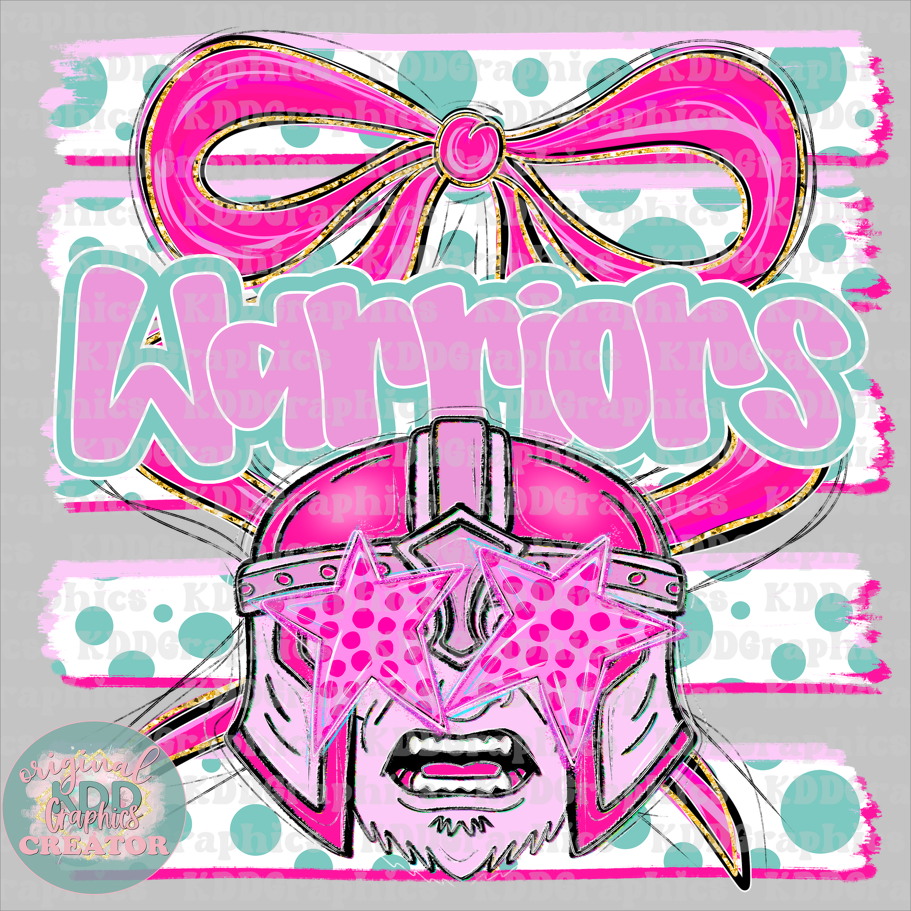 Preppy Coquette Bow Warriors Mascot - Dots Brushstrokes - Warrior School Spirit PNG