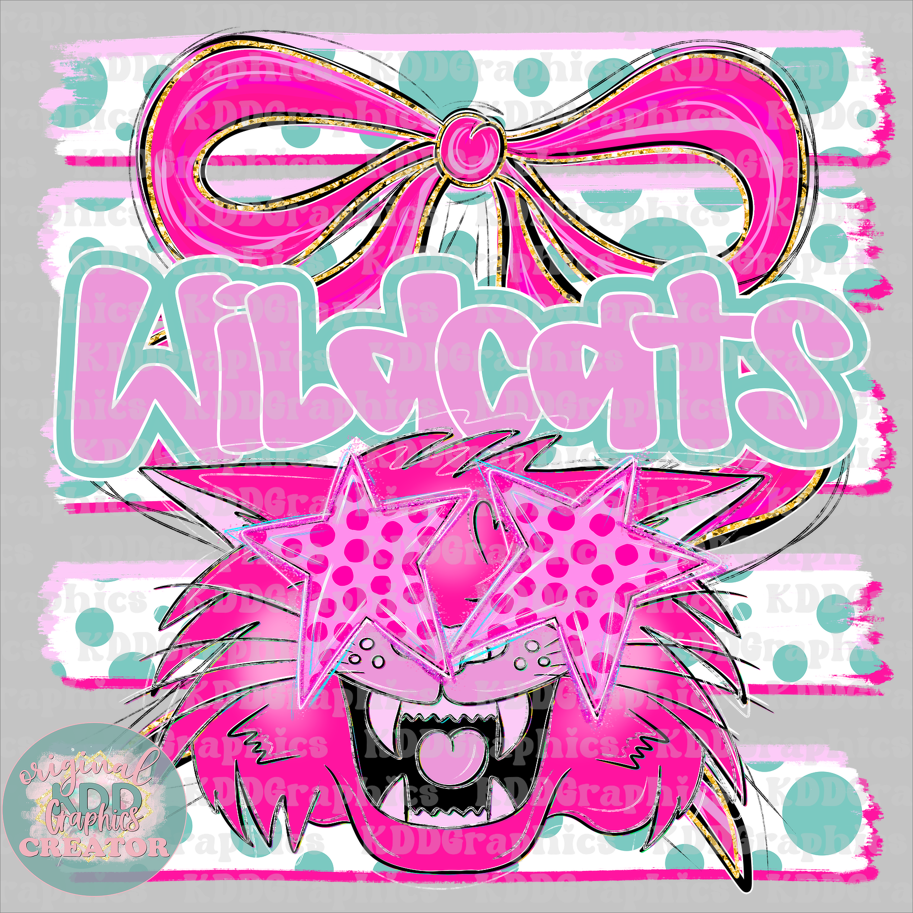 Preppy Coquette Bow Wildcats Mascot - Dots Brushstrokes - Wildcat School Spirit PNG