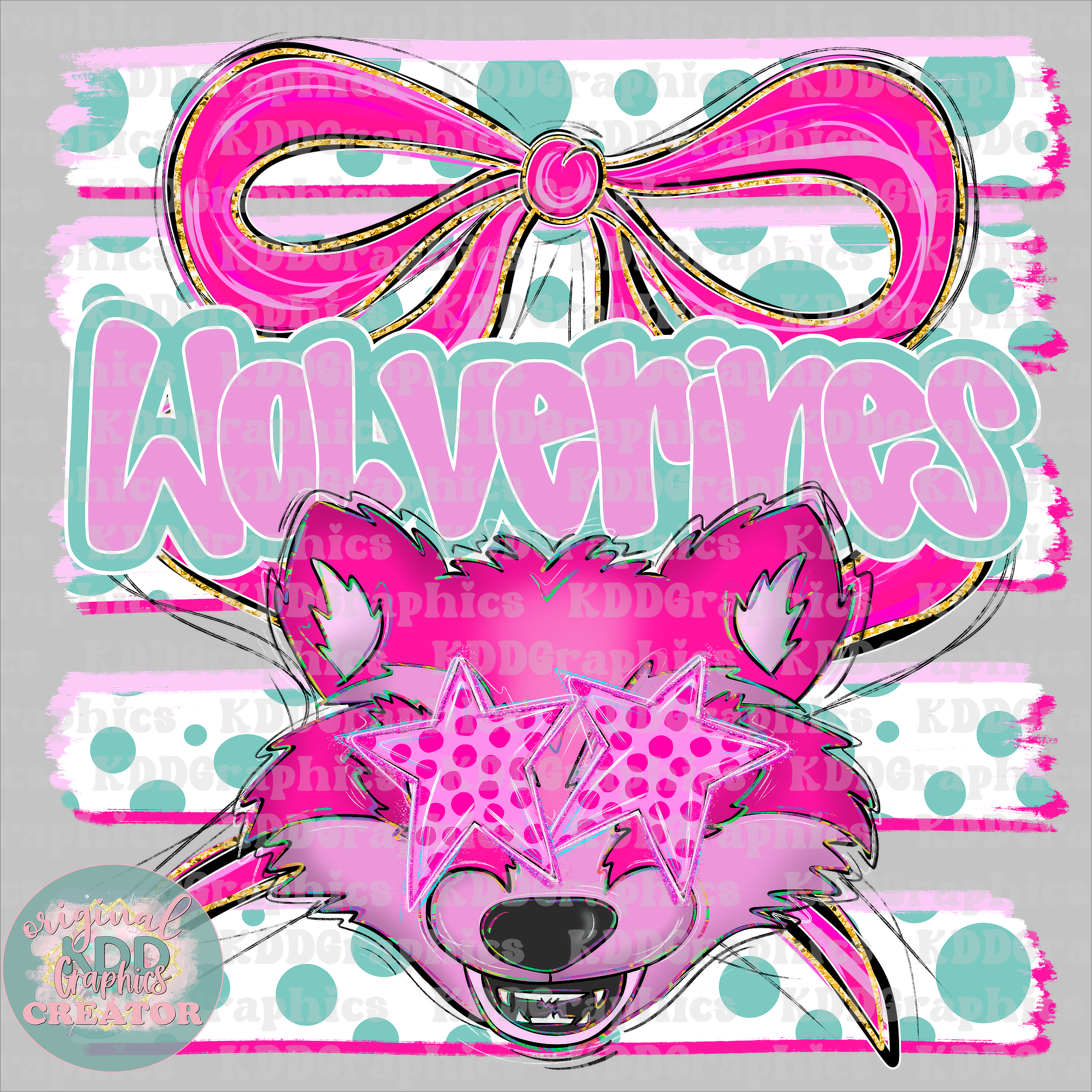 Preppy Coquette Bow Wolverines Mascot - Dots Brushstrokes - Wolverine School Spirit PNG