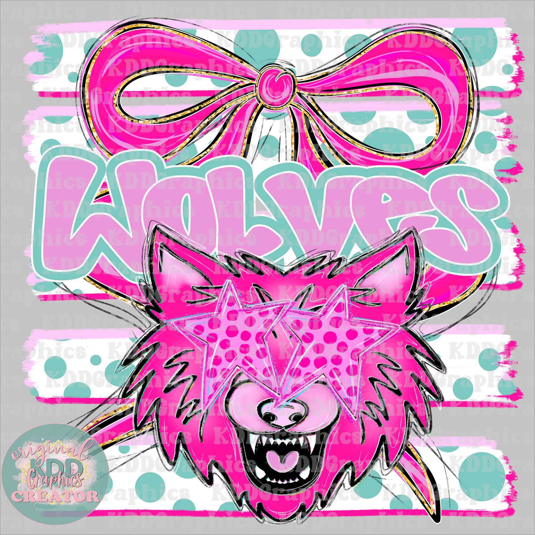 Preppy Coquette Bow Wolves Mascot - Dots Brushstrokes - Wolf School Spirit PNG