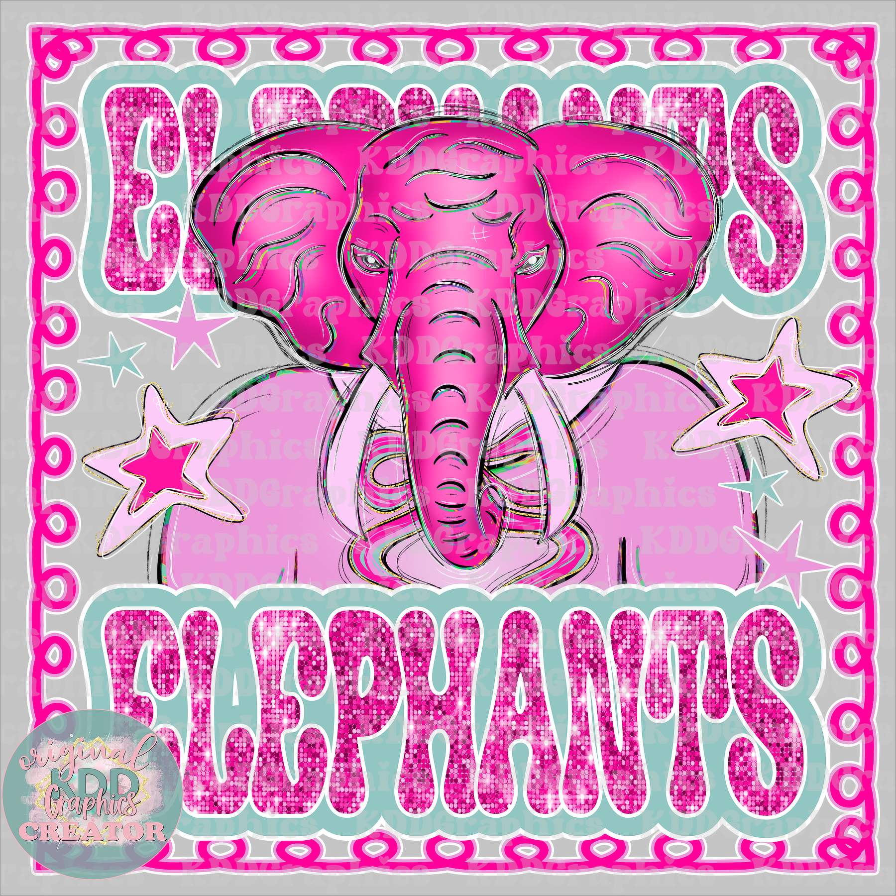 Preppy Elephant Mascot - Stars Glitter Frame - Elephants School Spirit PNG