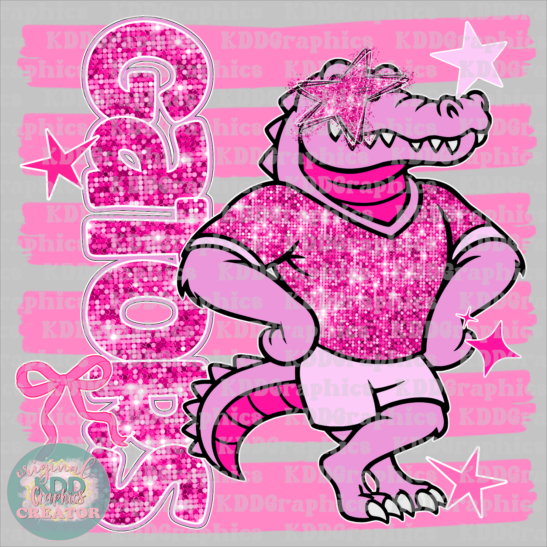 Preppy Gator Mascot - Pink Glitter Coquette Bow - Gators Alligators School Spirit PNG