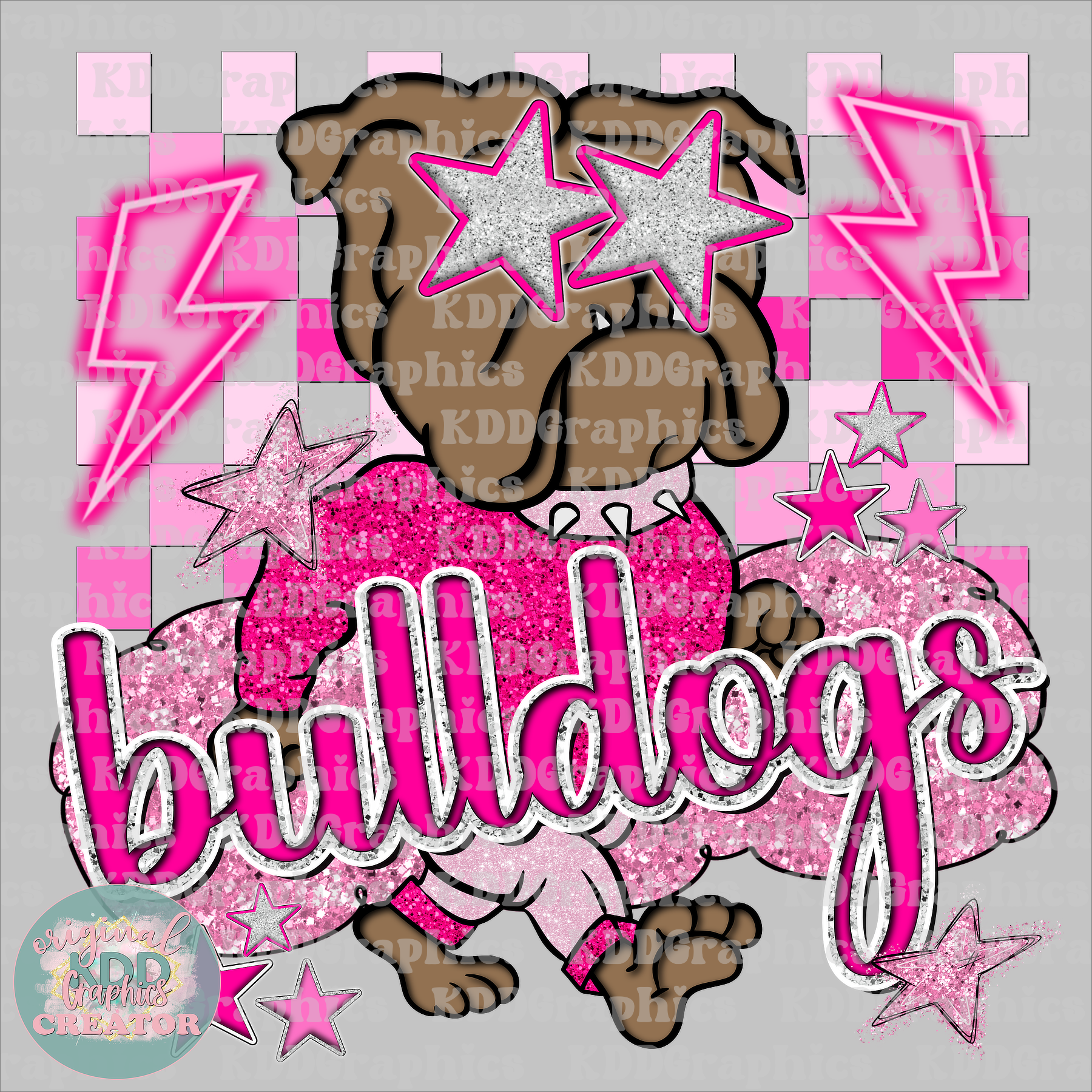 Preppy Glitter Bulldog Mascot - Lightning Bolts Star Eyes - Bulldogs School Spirit PNG