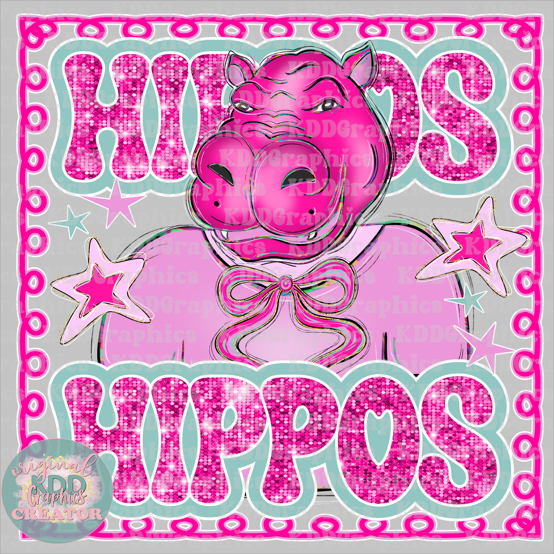 Preppy Hippo Mascot - Stars Glitter Frame - Hippos School Spirit PNG