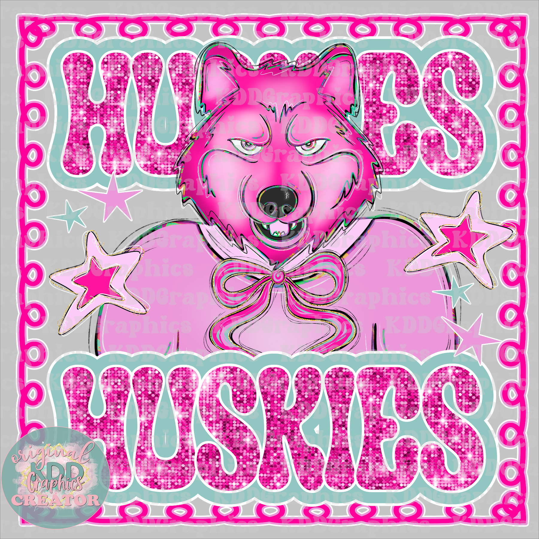 Preppy Husky Mascot - Stars Glitter Frame - Huskies School Spirit PNG