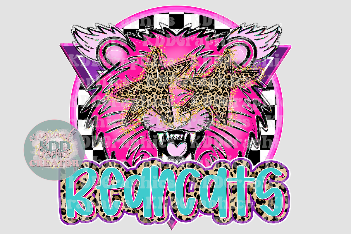 Preppy Pink Bearcats Mascot Head - Cheetah Star Eyes - Bearcat School Spirit PNG